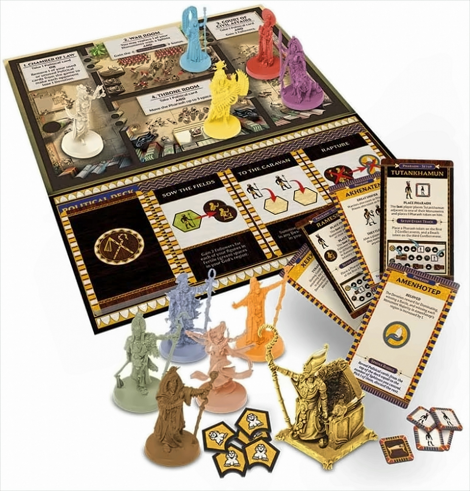 Brettspiel mit Spielsteinen, Karten und einem Spielbrett mit altägyptischen Bildern.