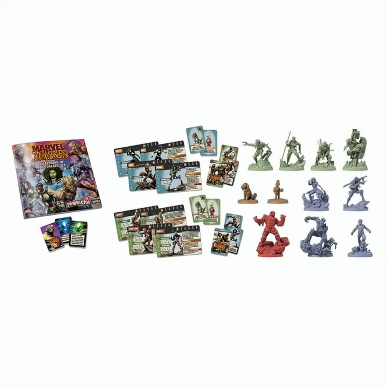 Marvel Zombies Brettspiel-Set mit Figuren und Karten, auf weißem Hintergrund.