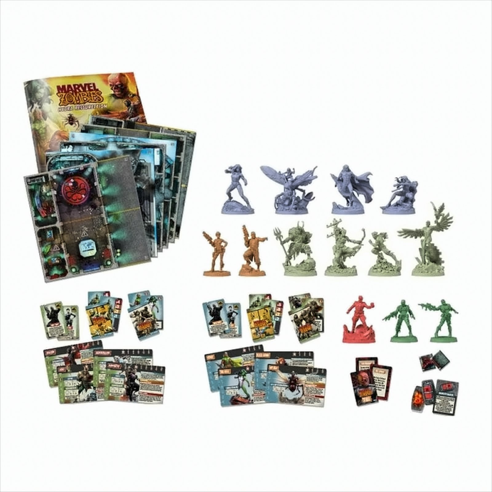 Marvel Zombies Brettspielkomponenten: Figuren, Karten und Spielbretter.