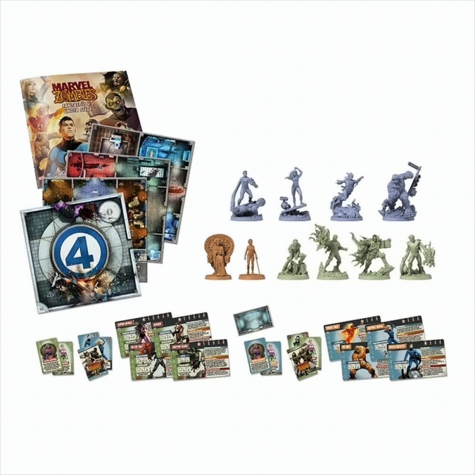 Marvel Zombies Brettspiel-Set mit Figuren, Karten und Spielbrett. Ein farbenfrohes und detailliertes Layout.