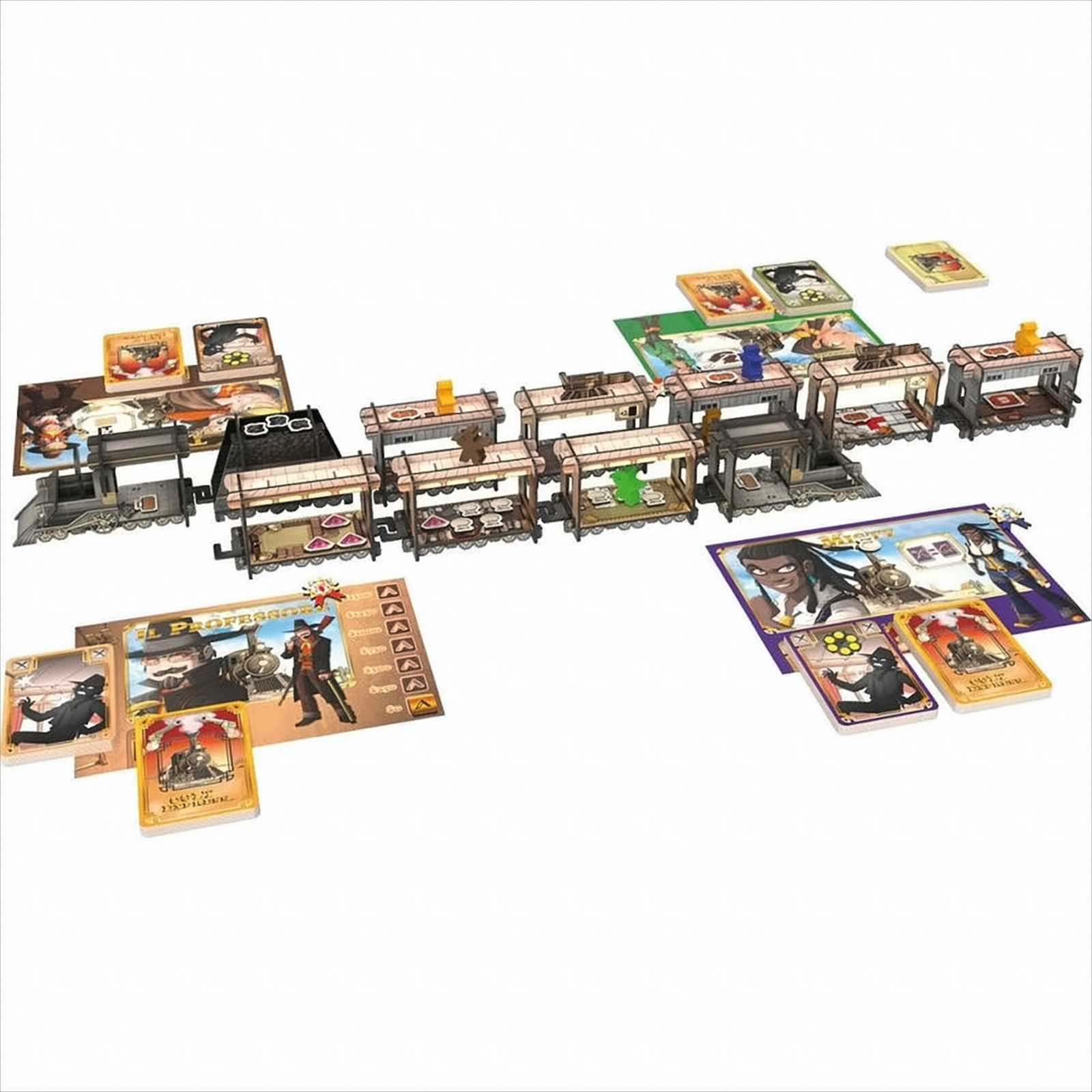 Ein Brettspielaufbau mit Zugwagen, Karten und Spielsteinen. Die Szene befindet sich auf weißem Untergrund.