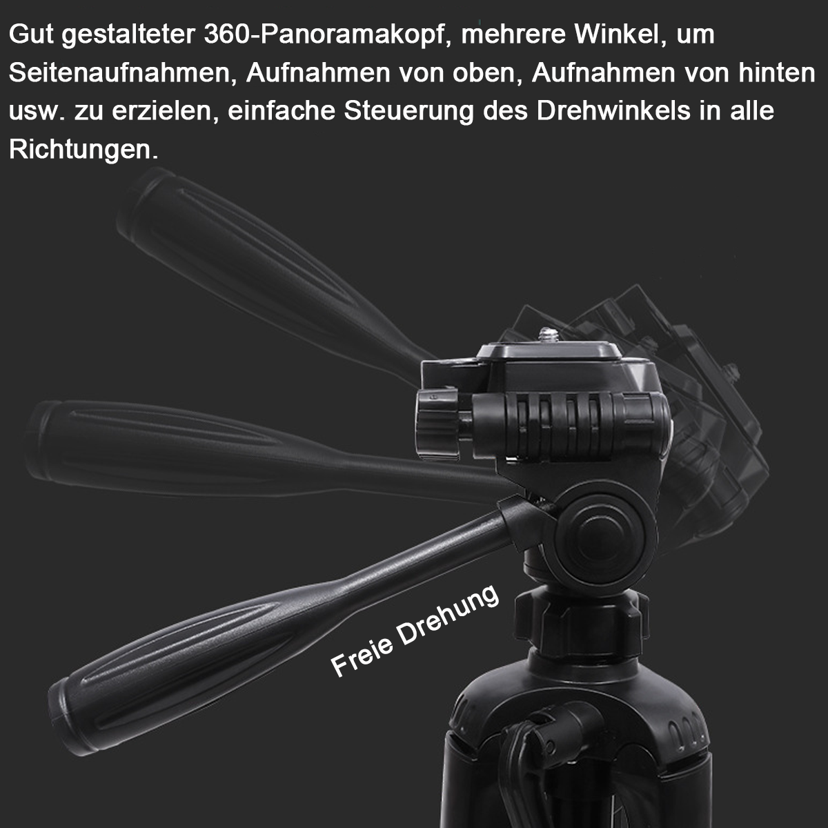 Schwarzer Stativkopf mit freier Drehung. Auf dem Griff steht 'Freie Drehung'.