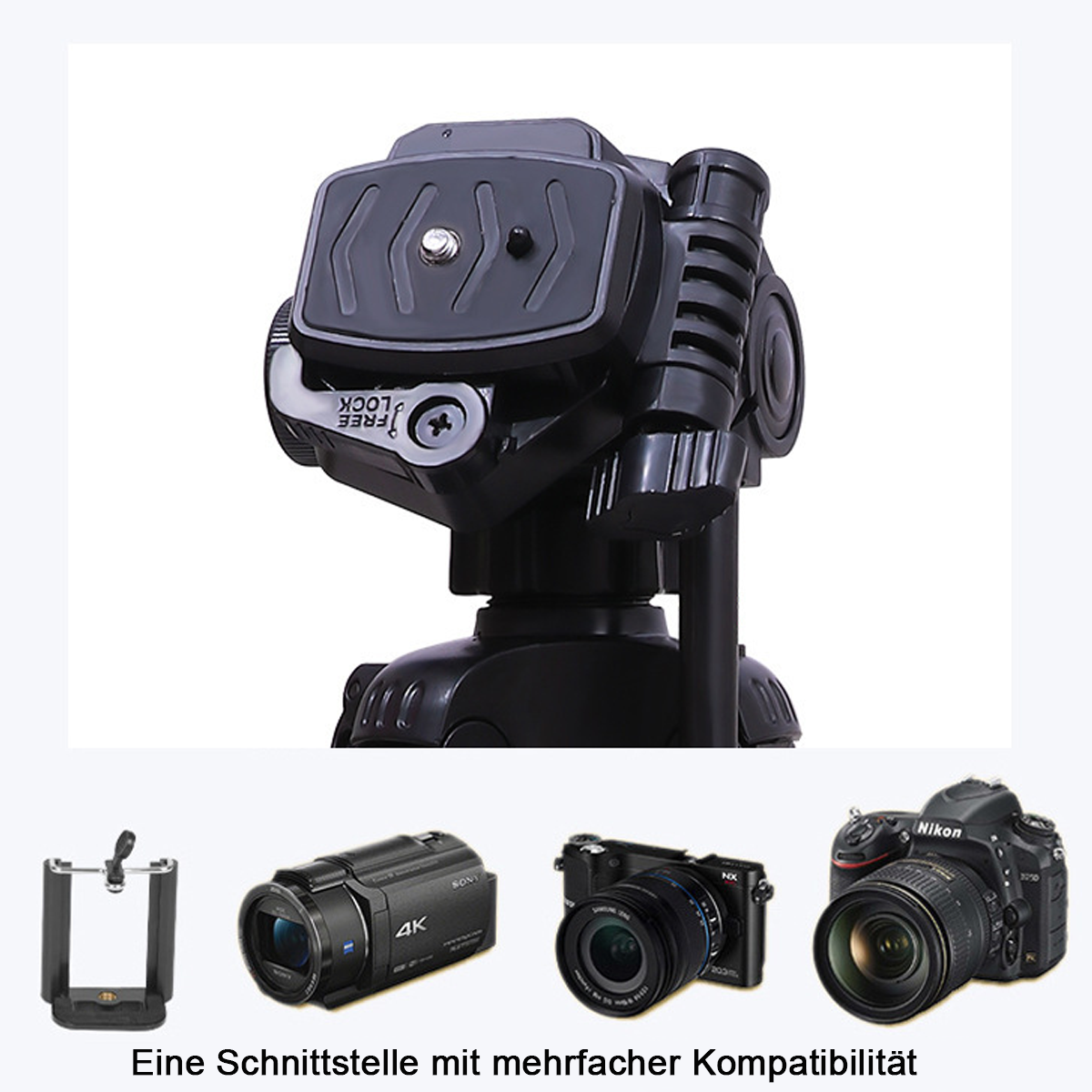 Stativkopf und diverses Kamerazubehör. Enthält einen Telefonhalter und verschiedene Kameras.
