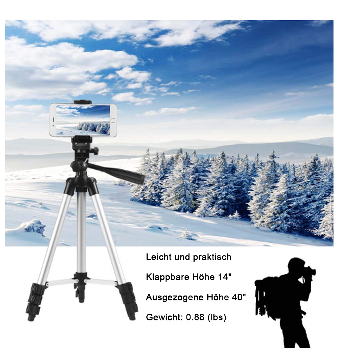 Ein Smartphone auf einem Stativ, mit schneebedecktem Bergpanorama. Text sagt 'Leicht und praktisch'.