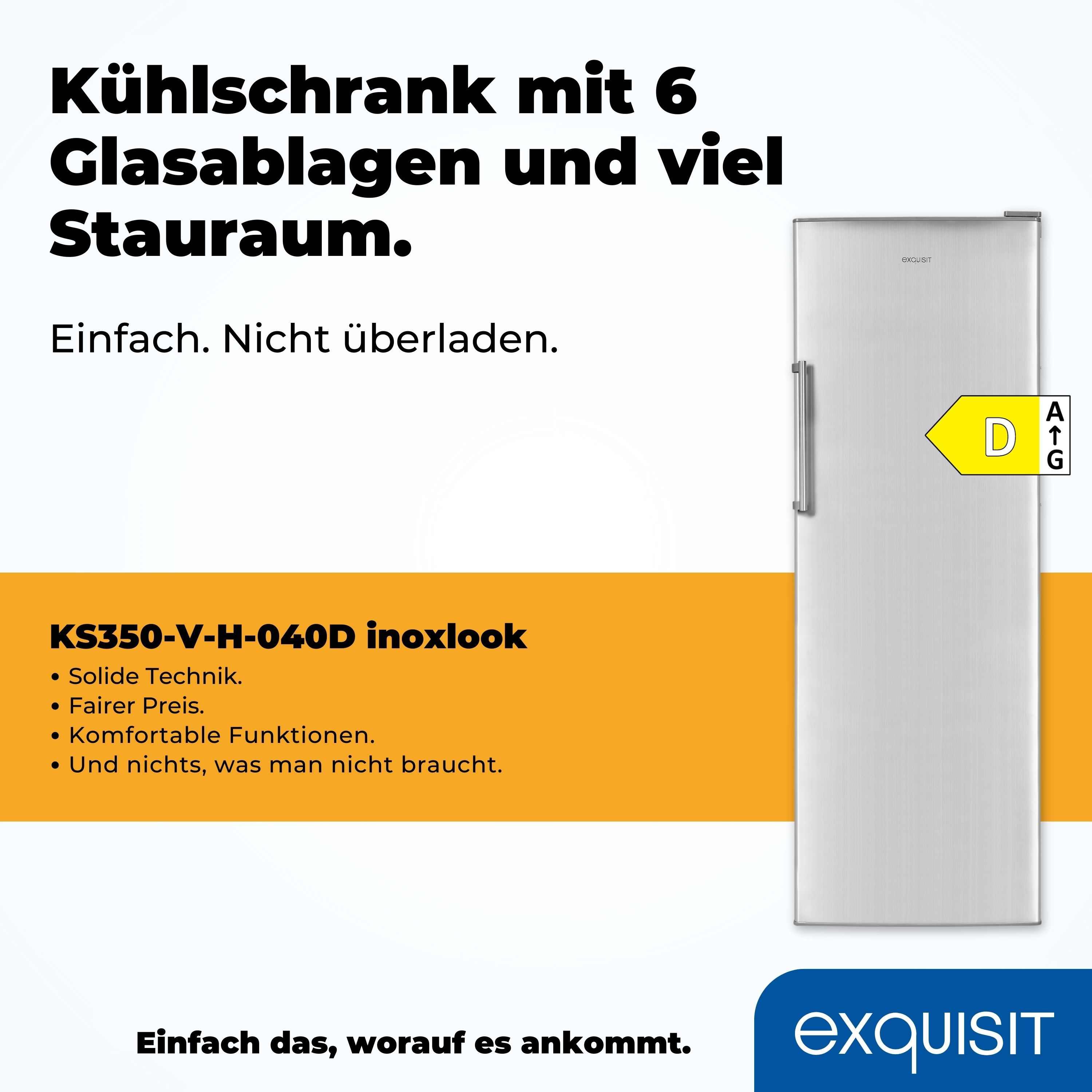 Ein silberner Kühlschrank mit Text und einem Energielabel. Der Kühlschrank steht auf weißem Hintergrund.