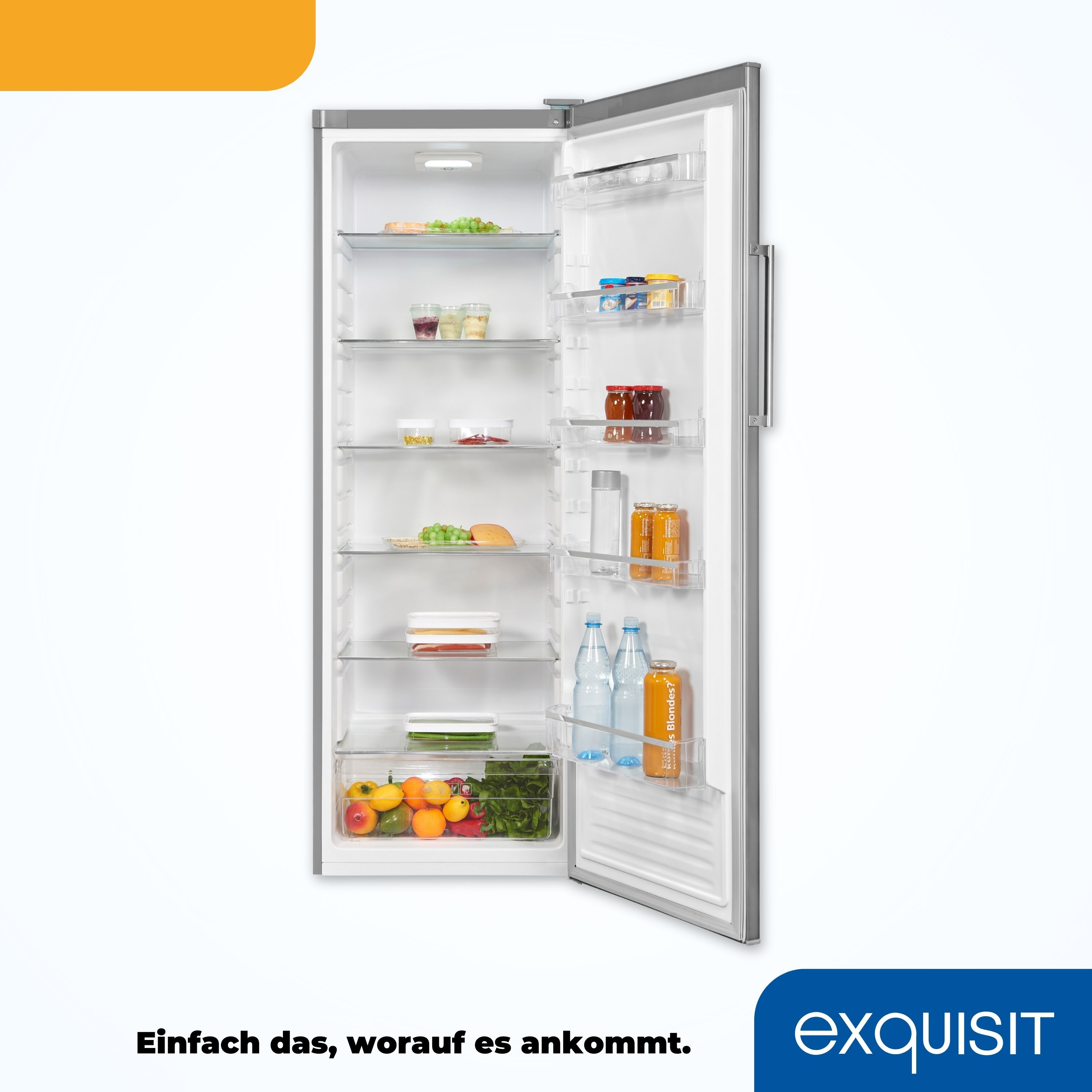 Ein geöffneter Kühlschrank gefüllt mit Lebensmitteln, Getränken und Glasböden.