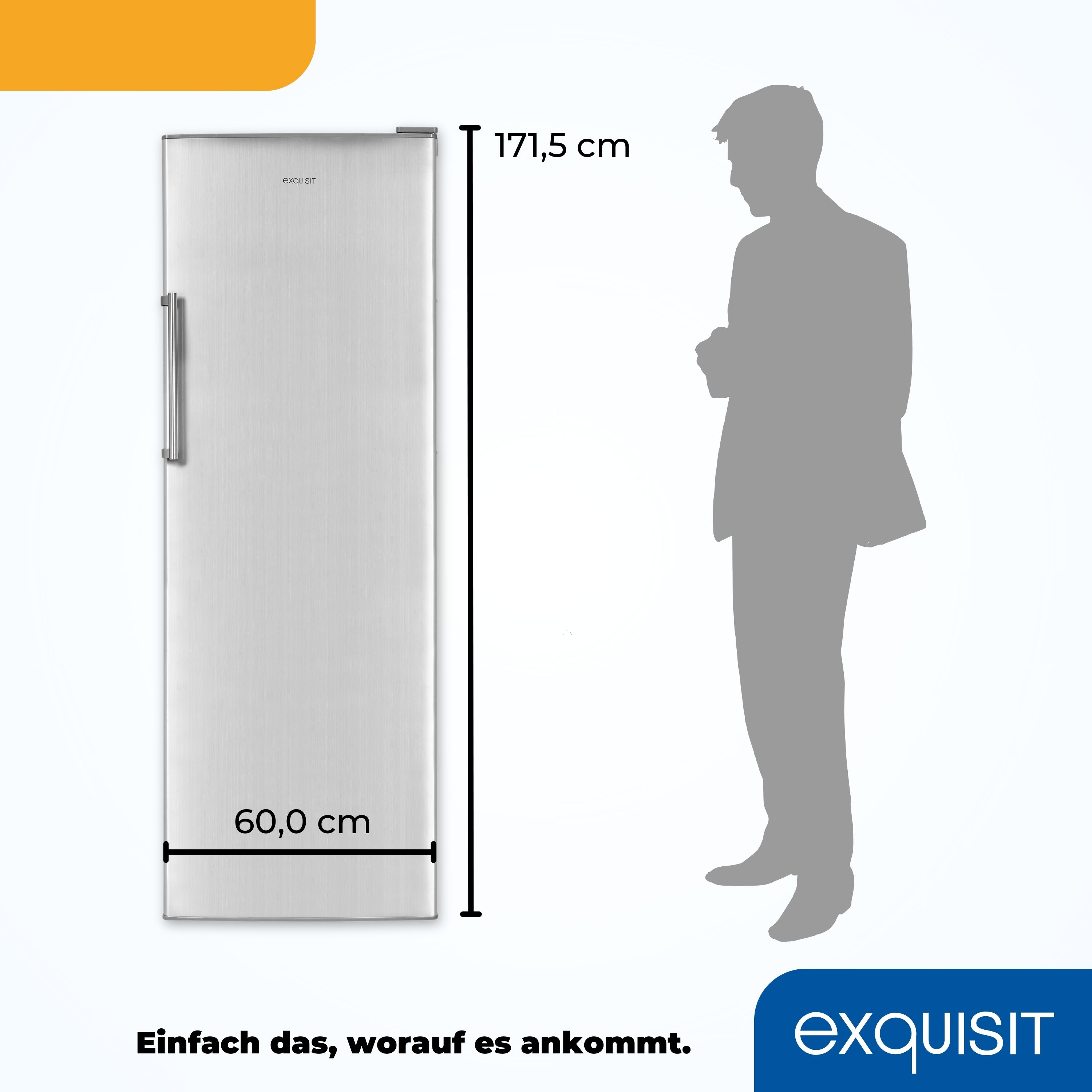 Ein silberner Kühlschrank mit Abmessungen neben einer Personensilhouette.