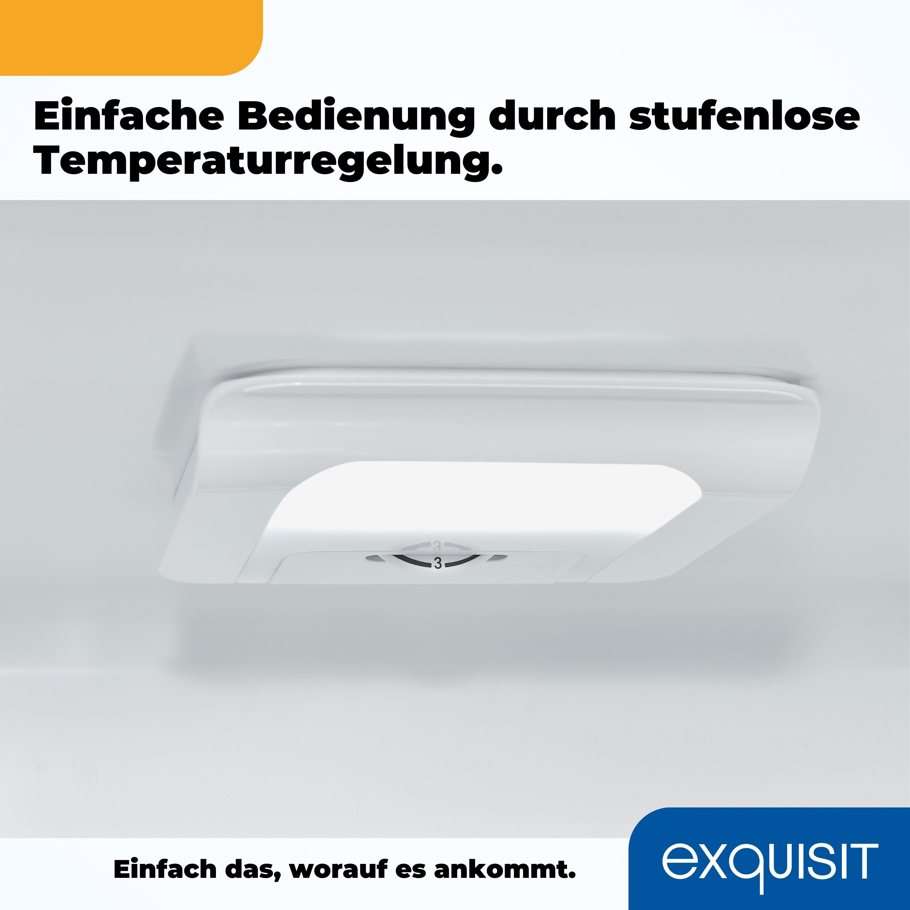 Weißes Kühlschrank-Bedienfeld. Text auf Deutsch: Einfache Bedienung durch stufenlose Temperaturregelung.