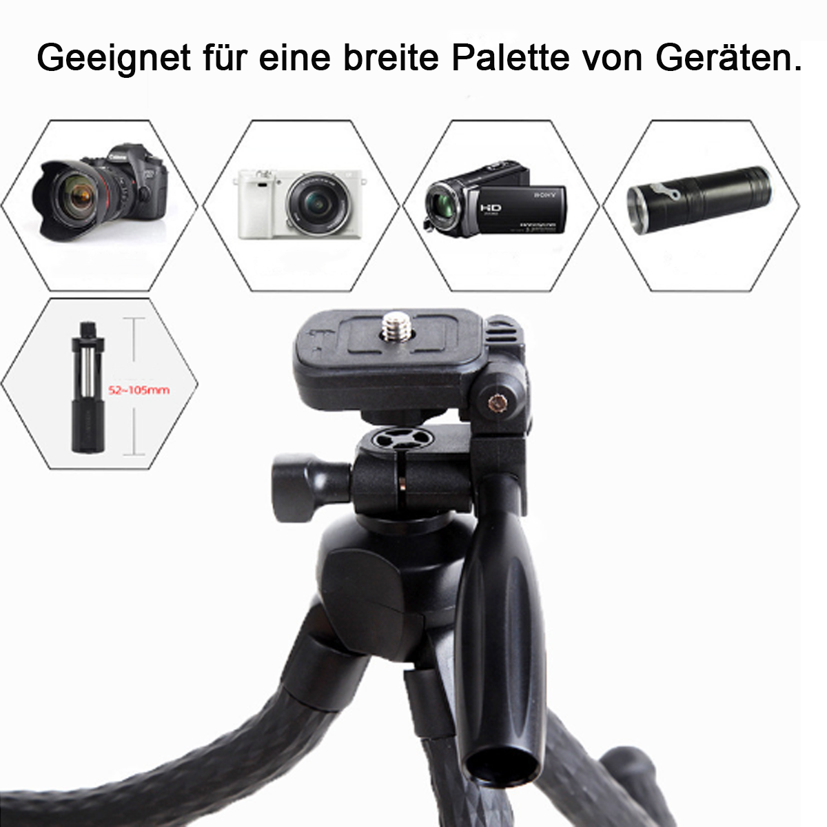 Ein Stativ mit einer Vielzahl von Kameras und Zubehör. Text sagt: geeignet für eine breite Palette von Geräten.