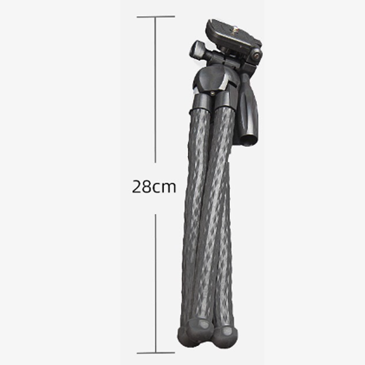 Ein zusammengeklapptes Stativ mit einer Messung von 28 cm.