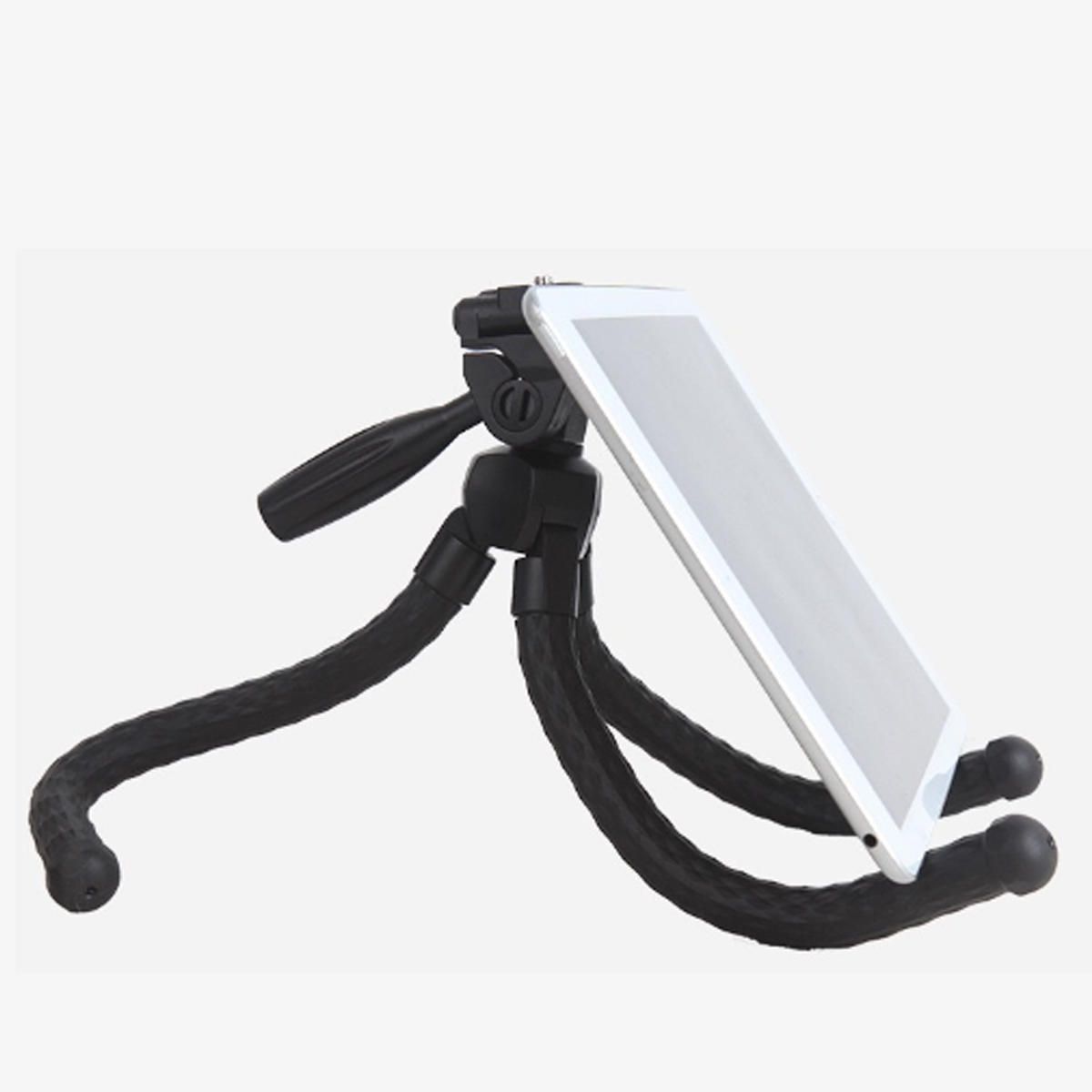 Tablet auf einem flexiblen Stativ montiert. Das Stativ hat schwarze, biegsame Beine. Tablet ist weiß.