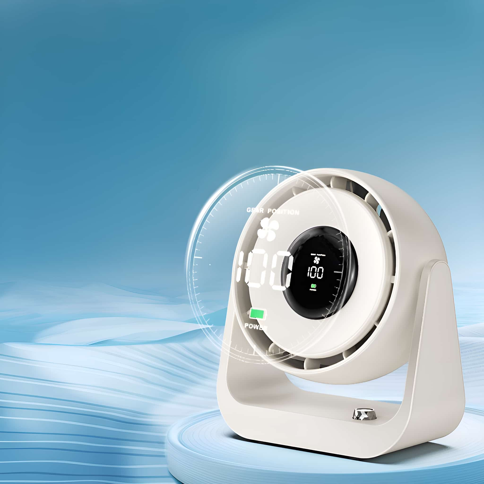 Weißer Ventilator, Digitalanzeige, Gangposition, Betriebsanzeige. Blauer, wellenförmiger Hintergrund.