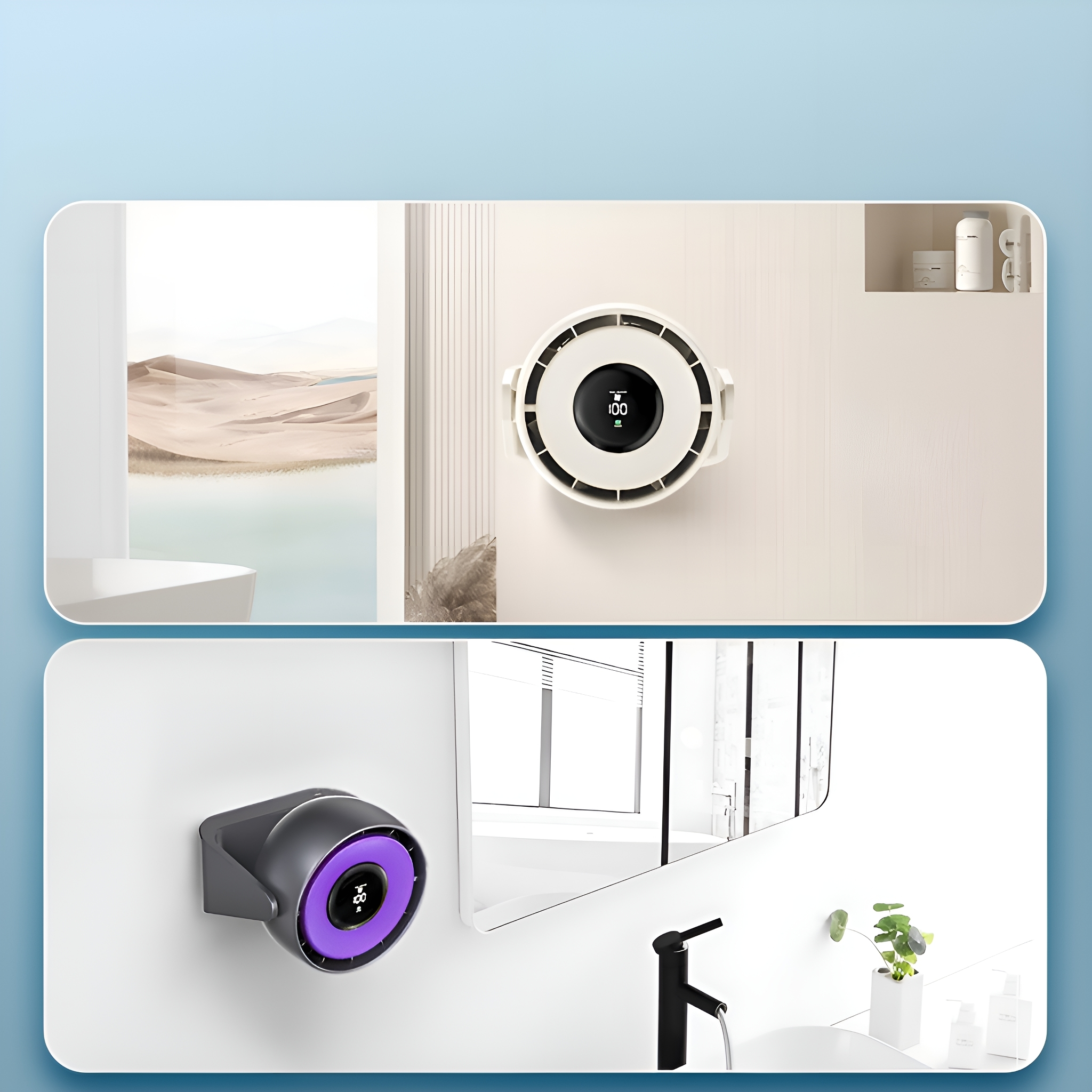 Zwei Bilder: eine weiße Wand mit einem Ventilator und ein grauer Ventilator an einer anderen Wand. Der Hintergrund zeigt eine Wüste.