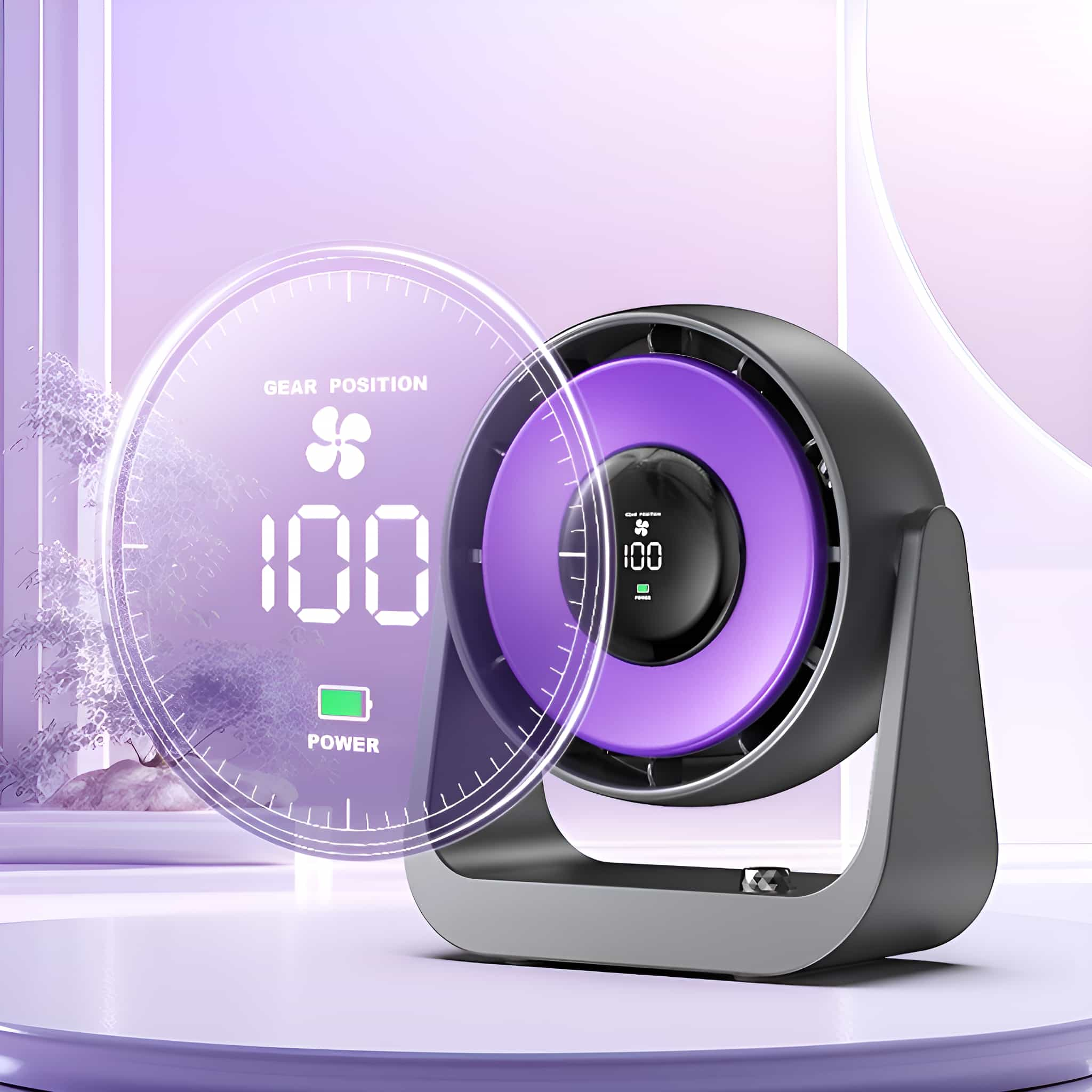 Schwarz-grauer Ventilator mit Digitalanzeige für Gang und Leistung.