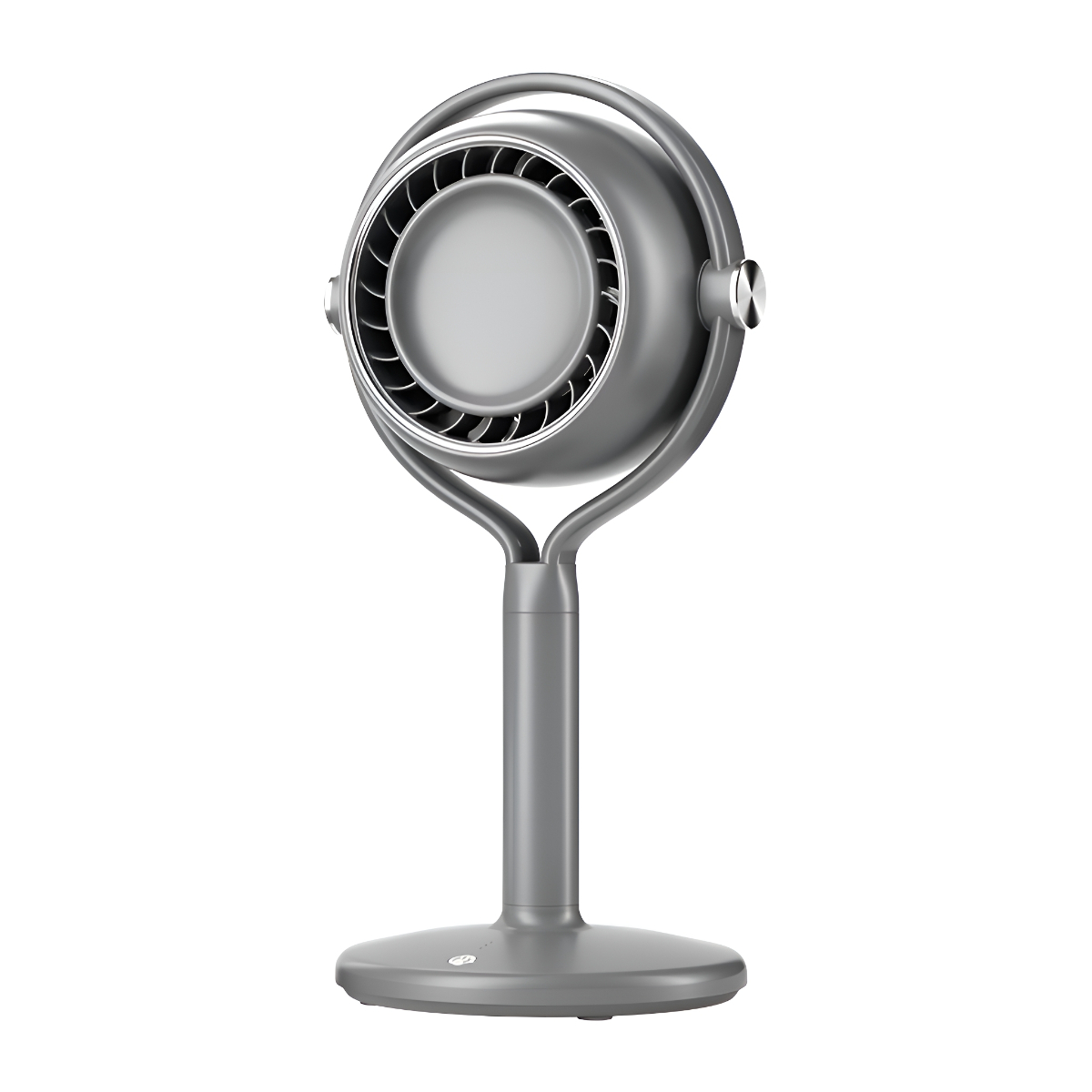 Silberner Ventilator mit kreisförmigem Design auf einem Ständer.