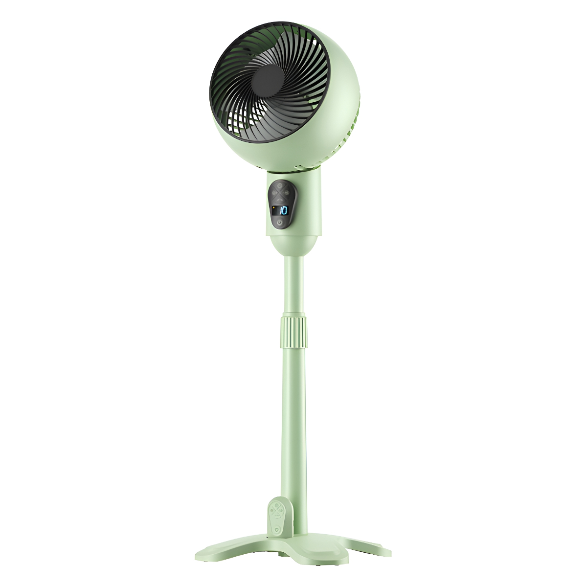 Ein grüner elektrischer Ventilator mit Ständer. Der Ventilator ist kreisförmig, der Ständer ist hoch und grün.