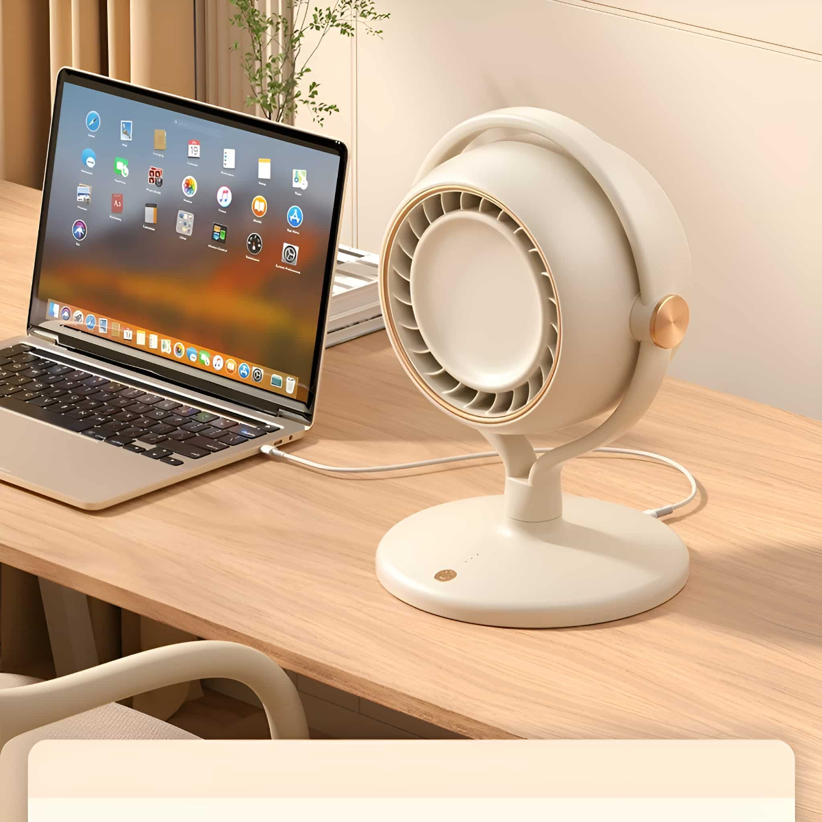 Weißer und goldener Ventilator auf einem Schreibtisch neben einem Laptop.