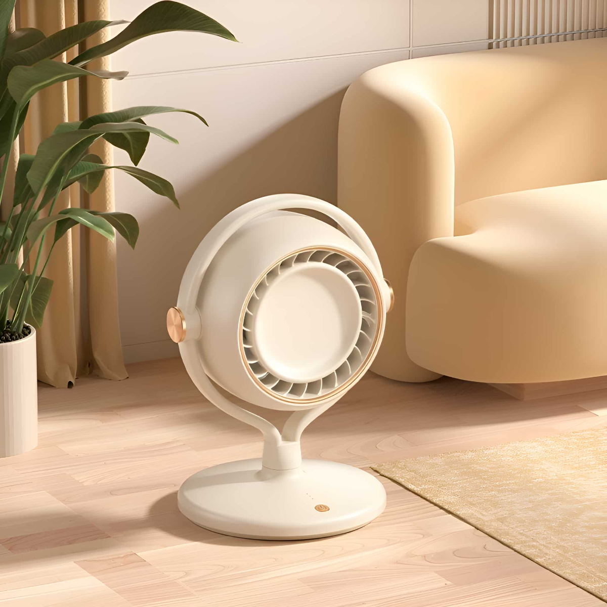 Weißer Ventilator mit goldenen Akzenten, auf Holzboden stehend und auf den Betrachter gerichtet.