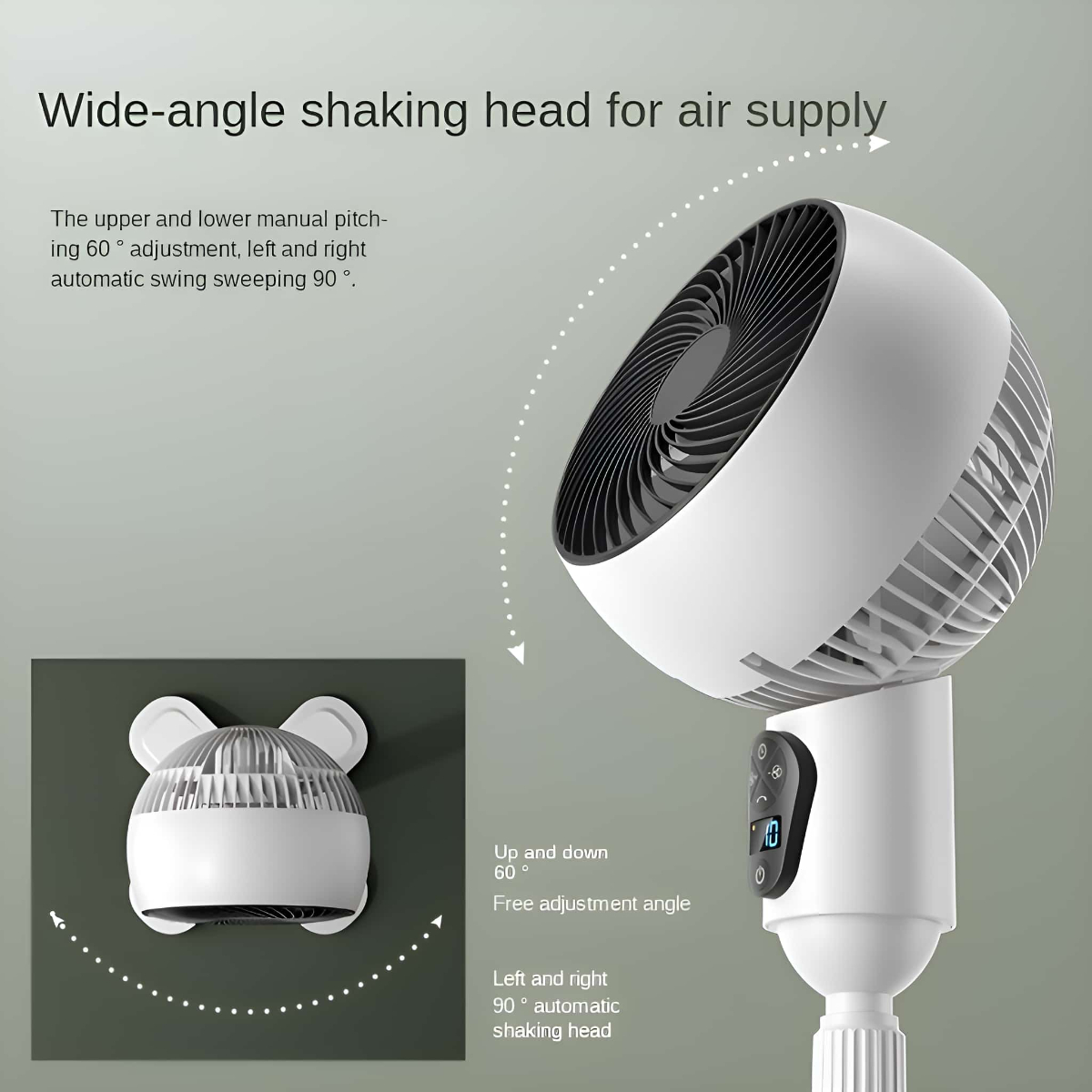 Weißer Ventilator mit rotierenden Flügeln und Digitalanzeige auf weißem Ständer.