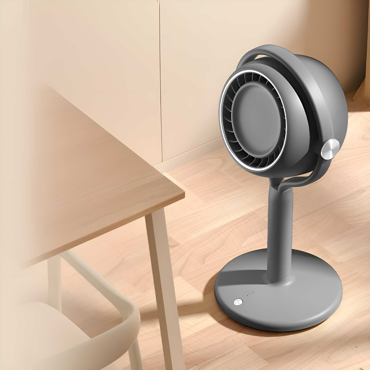Ein grauer, kugelförmiger Ventilator mit Griff, auf einem Ständer, neben einem Tisch und einem Stuhl auf Holzboden.