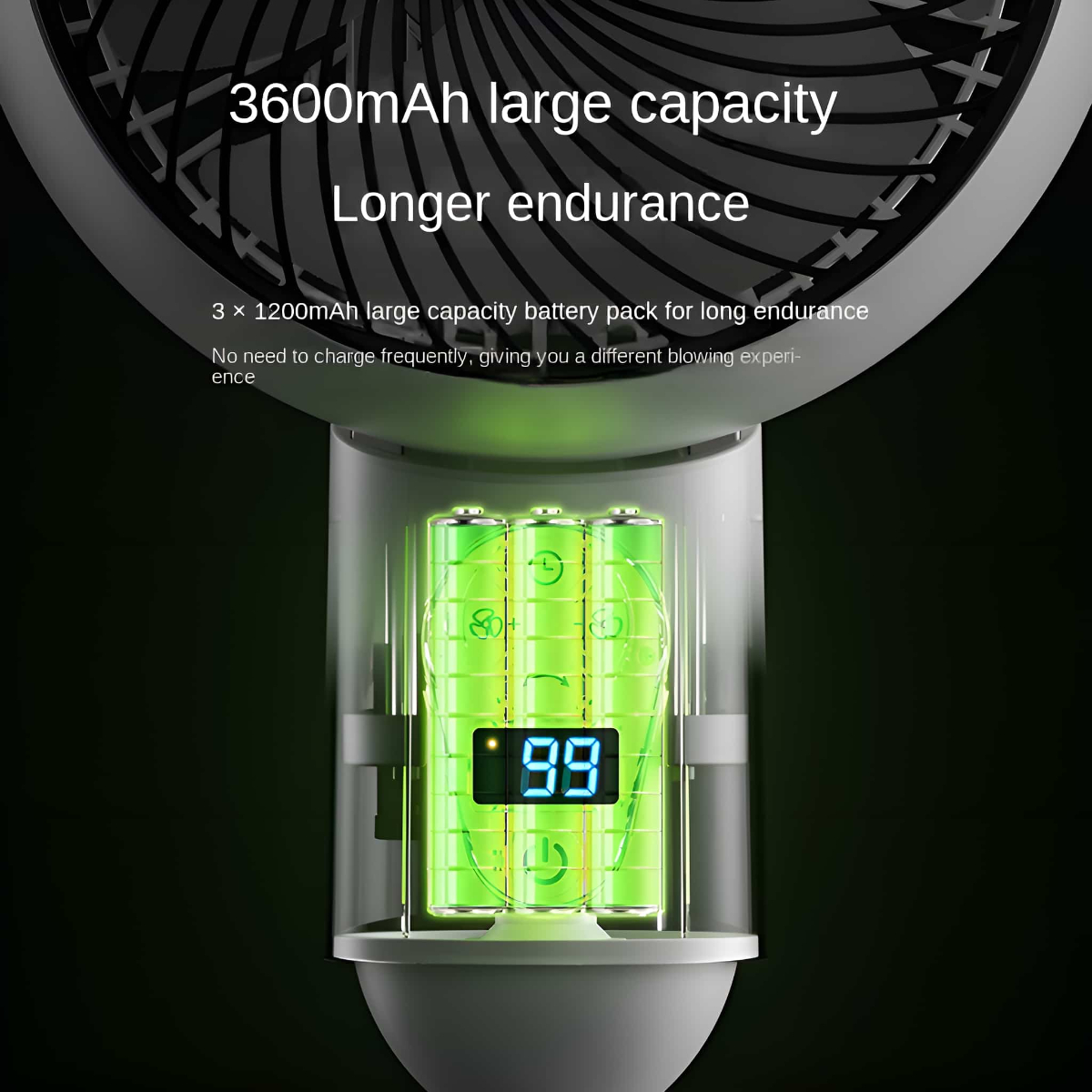 Nahaufnahme des Batteriefachs eines Lüfters mit drei grünen Batterien und einer Digitalanzeige.