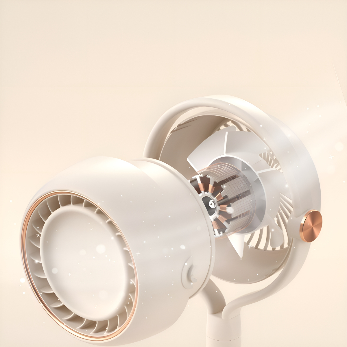 Weißer Ventilator mit detaillierter Innenansicht, mit beigem Hintergrund.