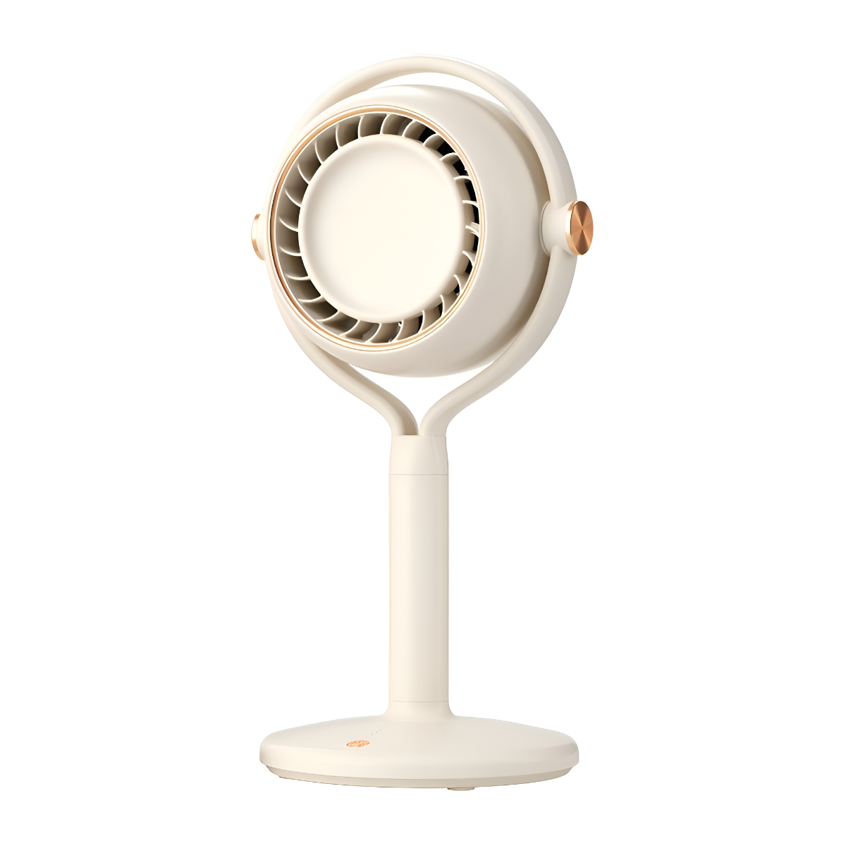 Ein weißer, runder Ventilator auf einem Ständer mit goldenen Akzenten, vor weißem Hintergrund.