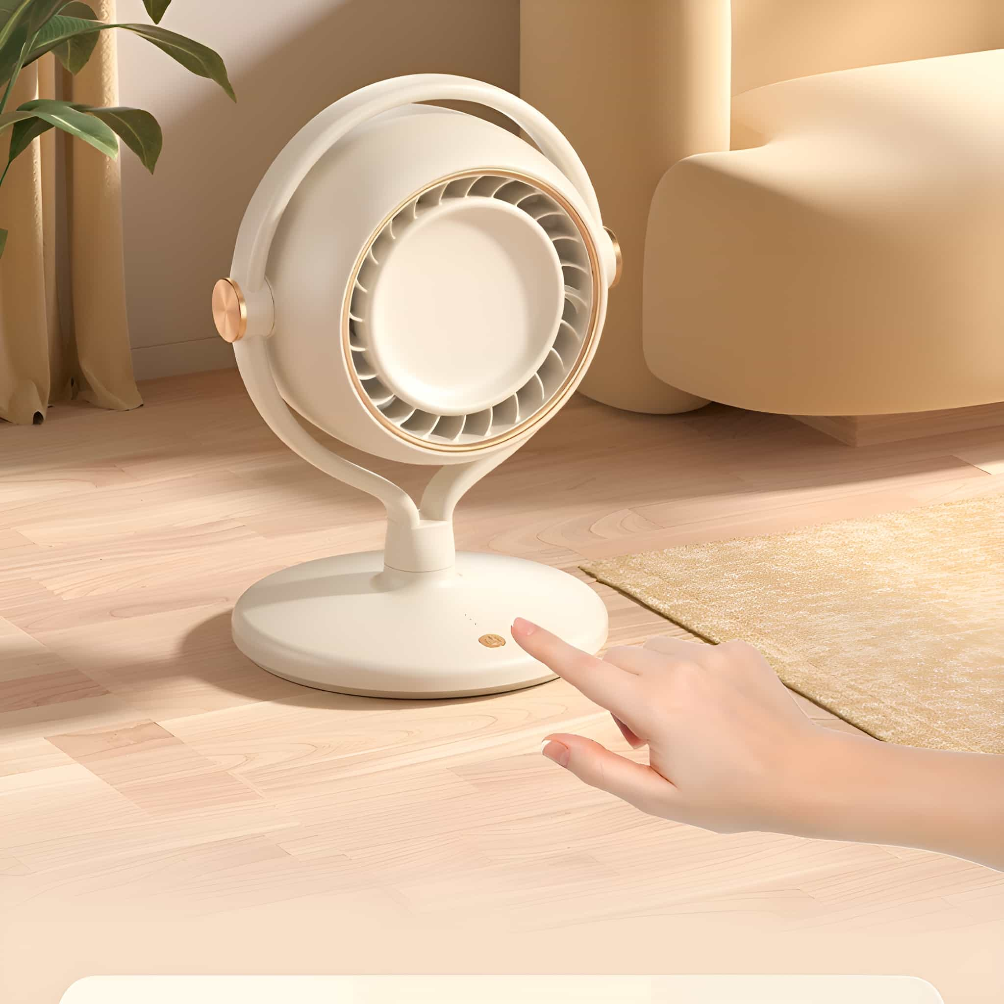 Kleiner weißer Ventilator mit goldener Zierleiste, Hand berührt ihn, auf Holzfußboden.