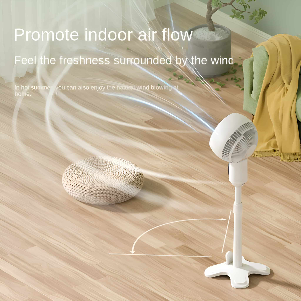 Weißer Ventilator auf einem Ständer mit Luftlinien.