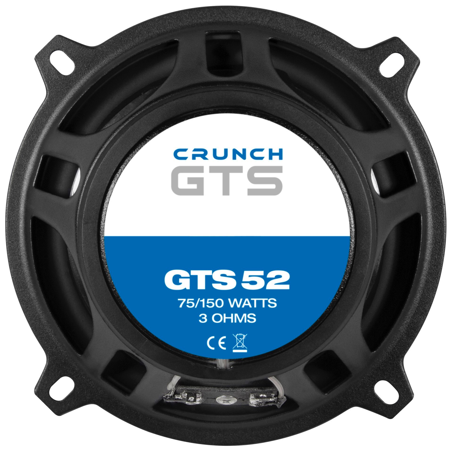 Schwarzer runder Lautsprecher mit blau-weißem Zentrum. Crunch GTS 52, 75/150 Watt, 3 Ohm.
