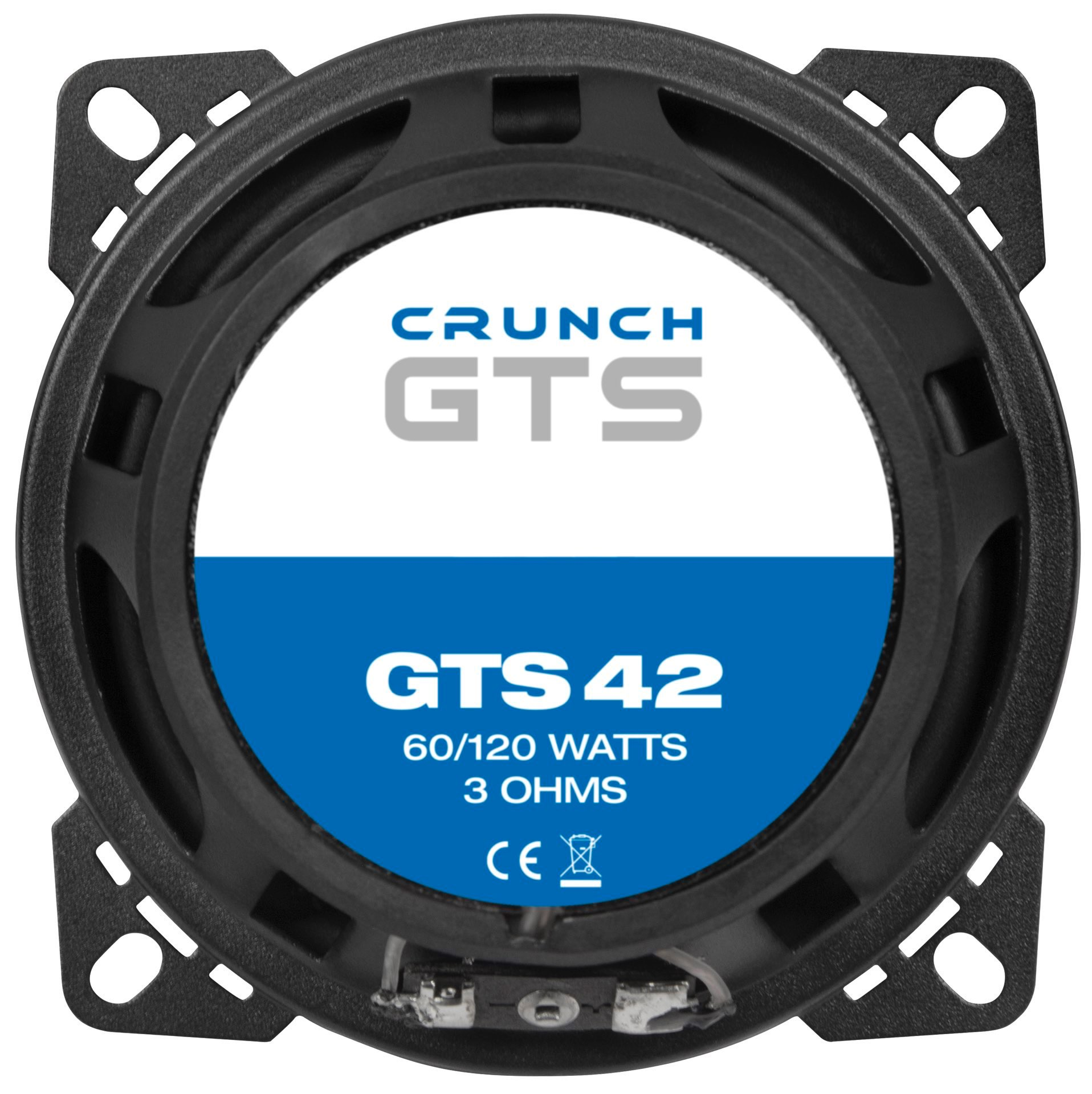 Schwarzer Autolautsprecher mit weißem Etikett. Text: CRUNCH GTS, GTS 42, 60/120 WATT, 3 OHM, CE.