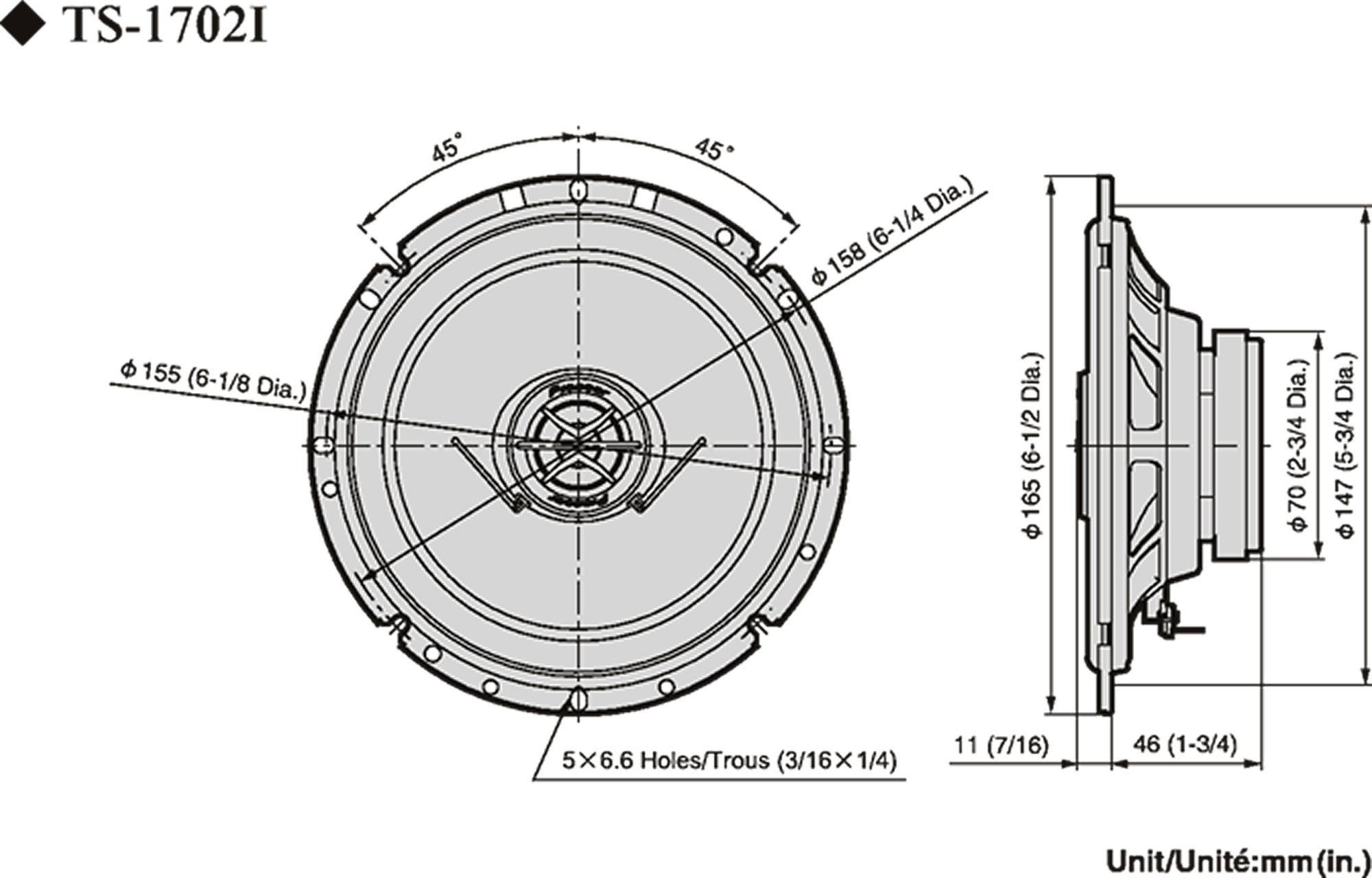 Diagramme de haut-parleur avec mesures, lignes et texte, sur fond blanc.
