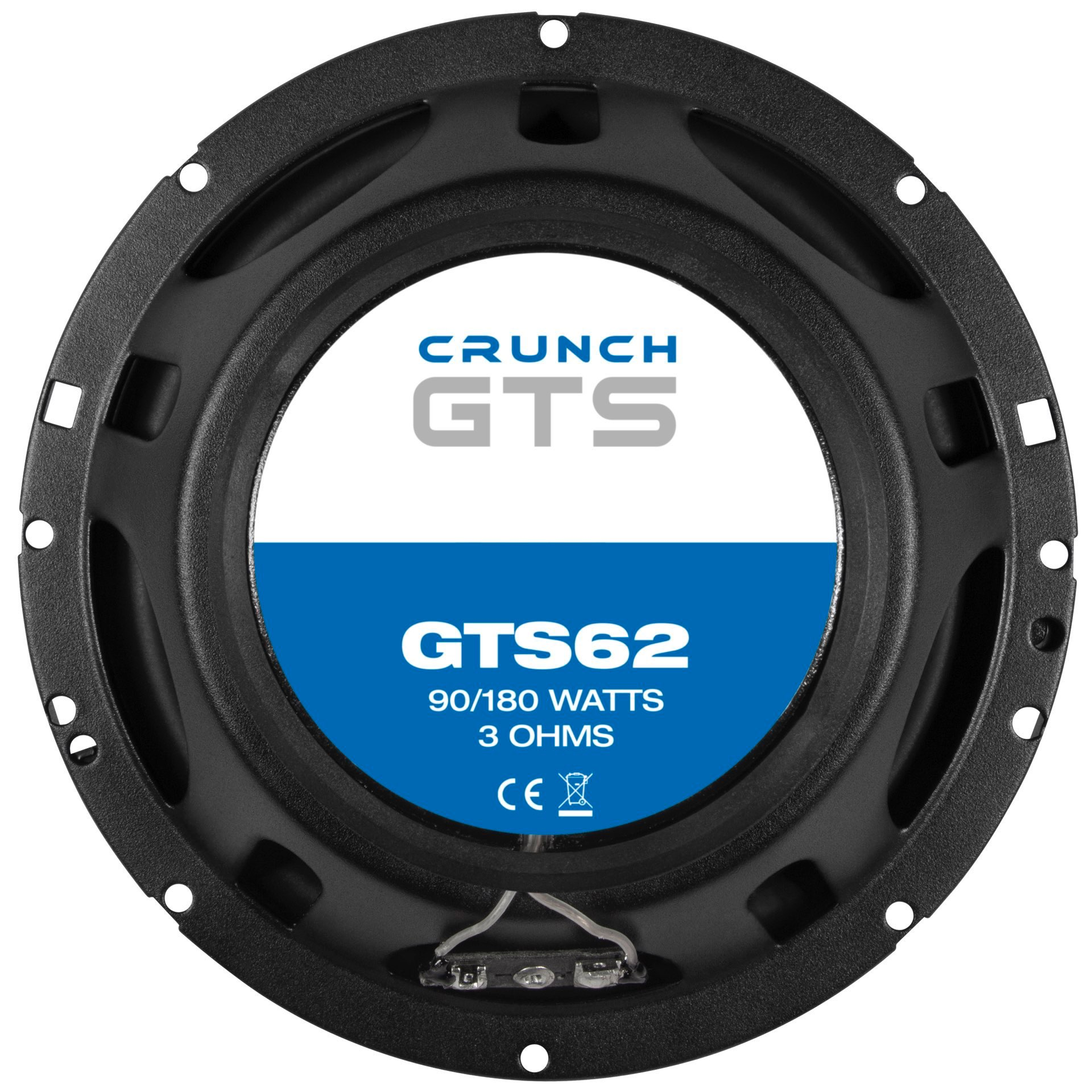 Ein schwarzer Lautsprecher mit weißem Etikett und blauem Text. Das Etikett lautet „GTS62 90/180 WATTS 3 OHMS“.
