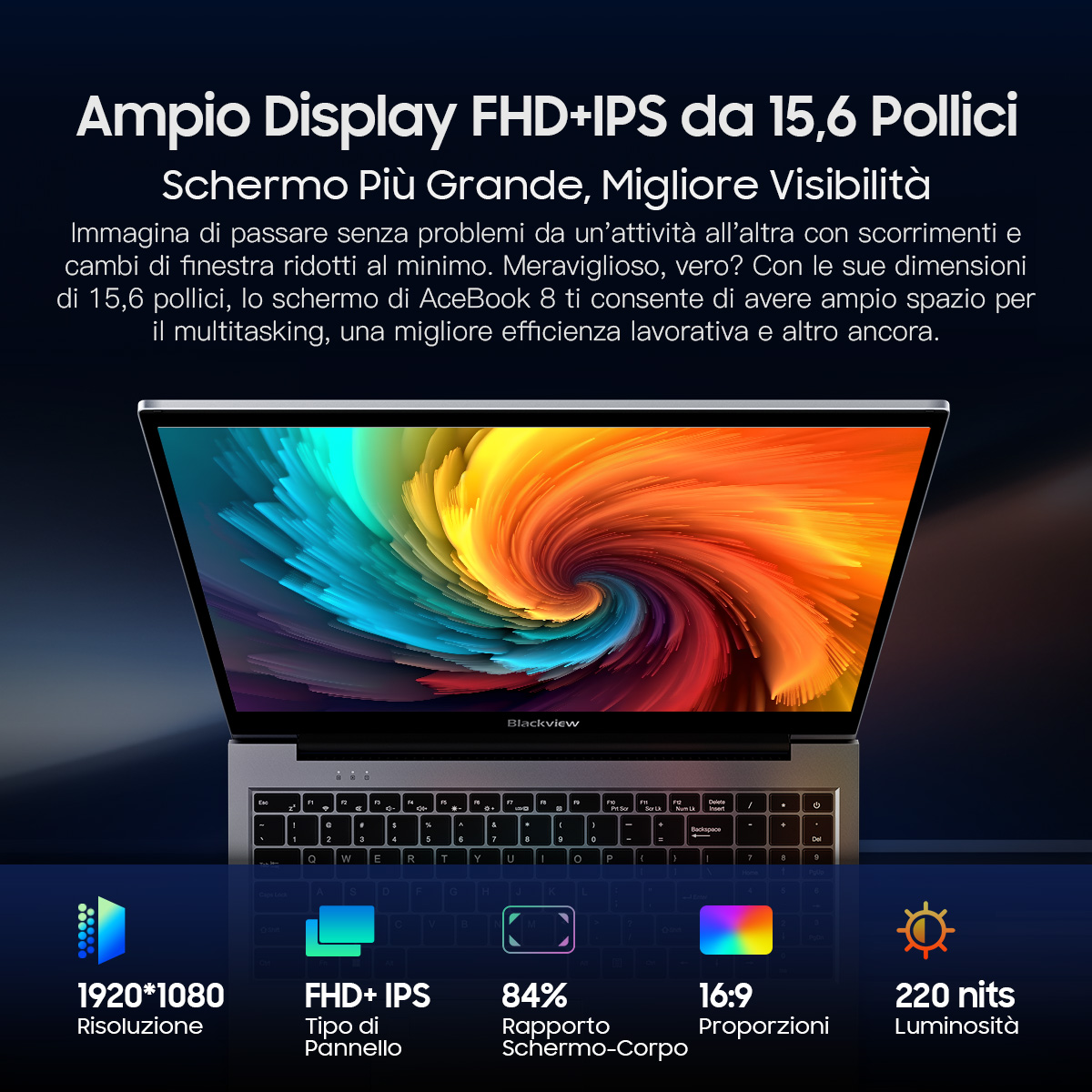 Laptop con un grande schermo che mostra arte astratta colorata, tastiera sotto, cornice nera.