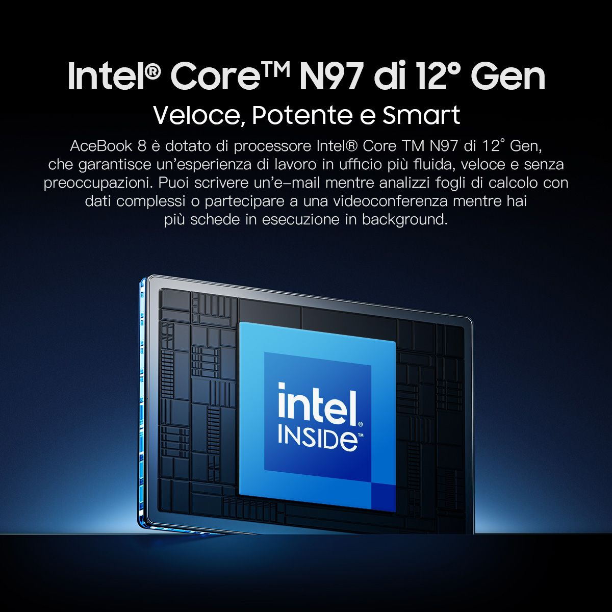 L'immagine mostra lo schermo di un laptop con un logo Intel e testo sul processore Intel Core.