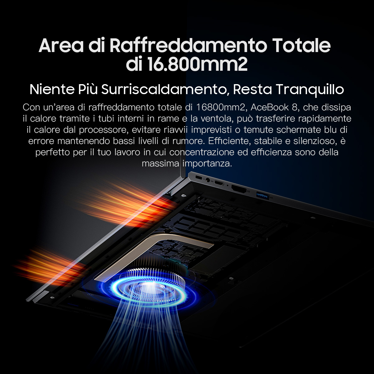Vista in sezione del sistema di raffreddamento di un laptop, evidenziando i componenti di dissipazione del calore.