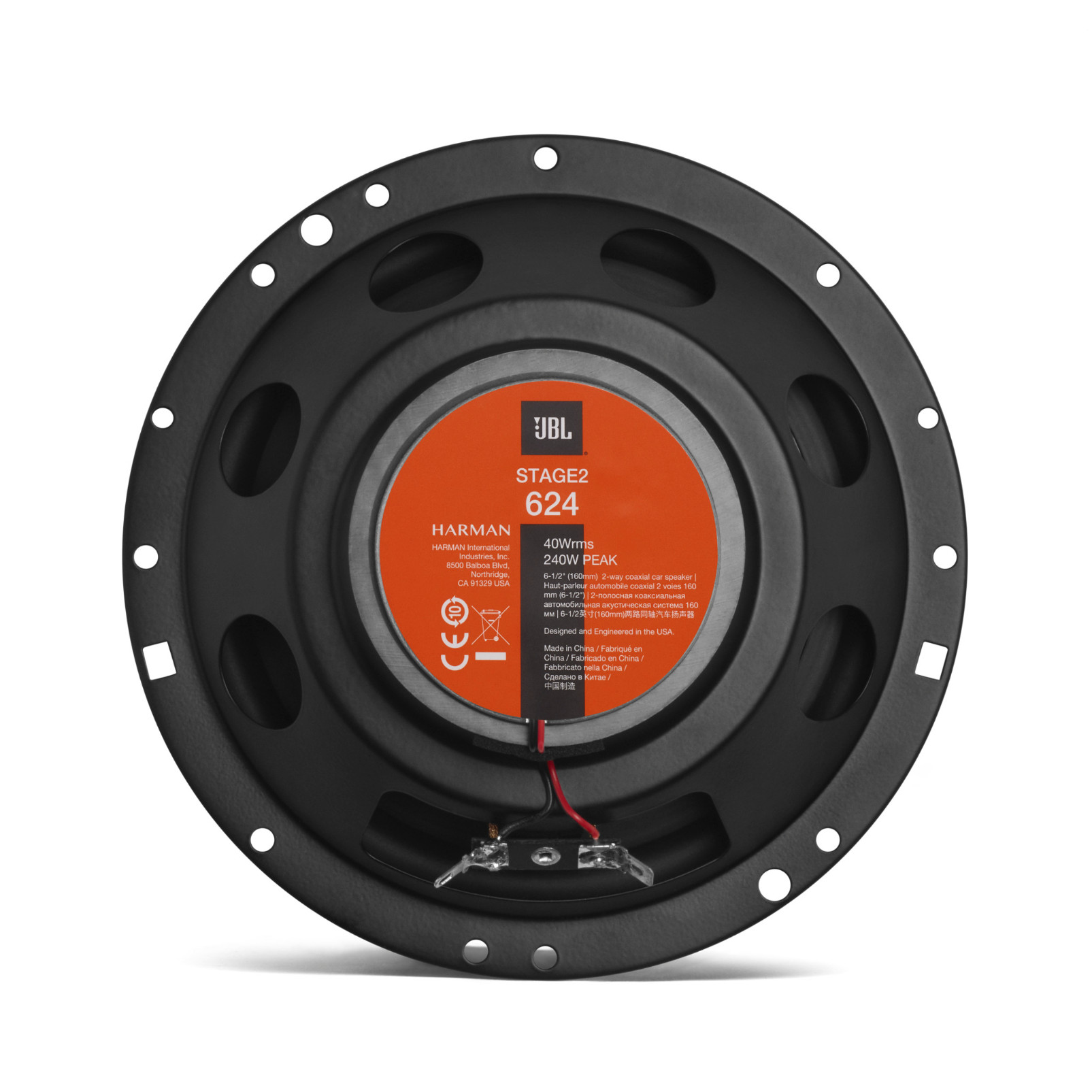 Altoparlante JBL nero. Etichetta arancione al centro. Struttura in metallo con fori per viti.