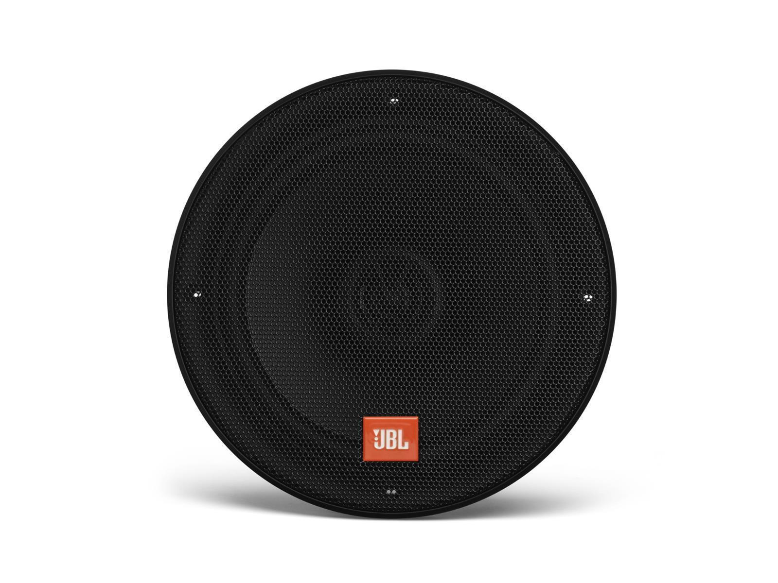 Altoparlante JBL rotondo nero con parte anteriore in rete e logo JBL arancione.