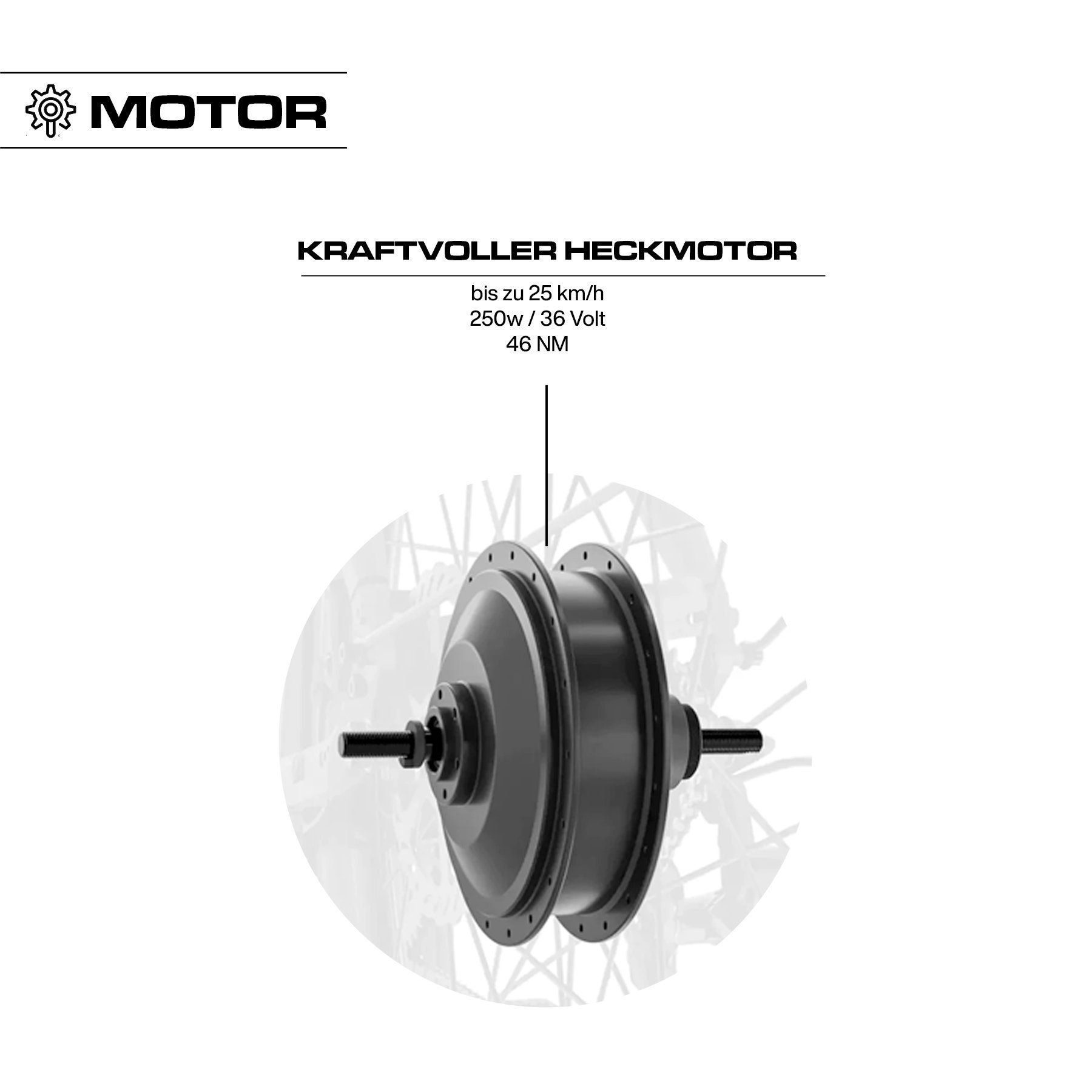 Ein detailliertes Diagramm eines Fahrradmotors. Text gibt seine 250W Leistung und 36V an.