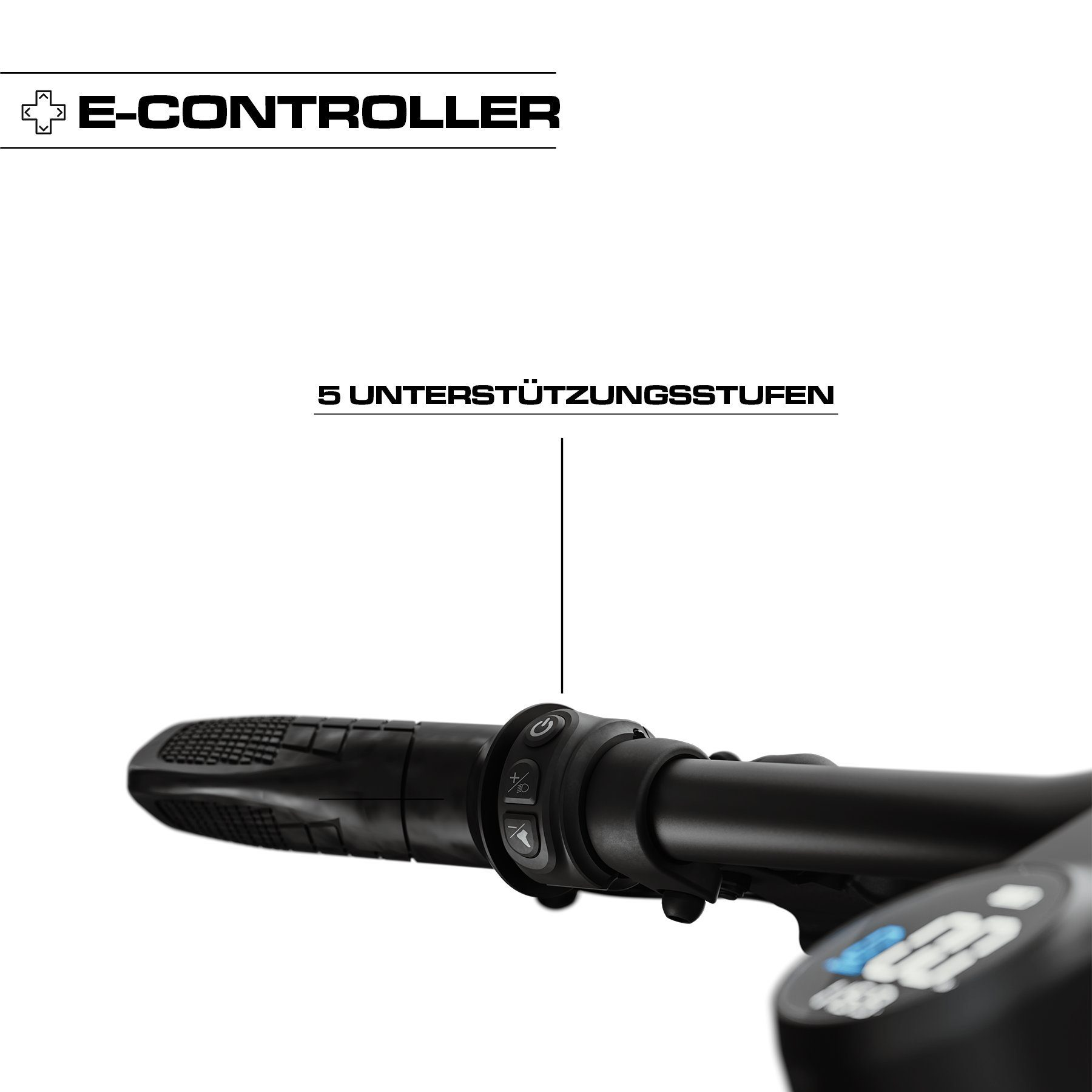 Schwarzer E-Scooter-Lenker mit Steuertasten und Text: E-CONTROLLER, 5 UNTERSTÜTZUNGSSTUFEN.