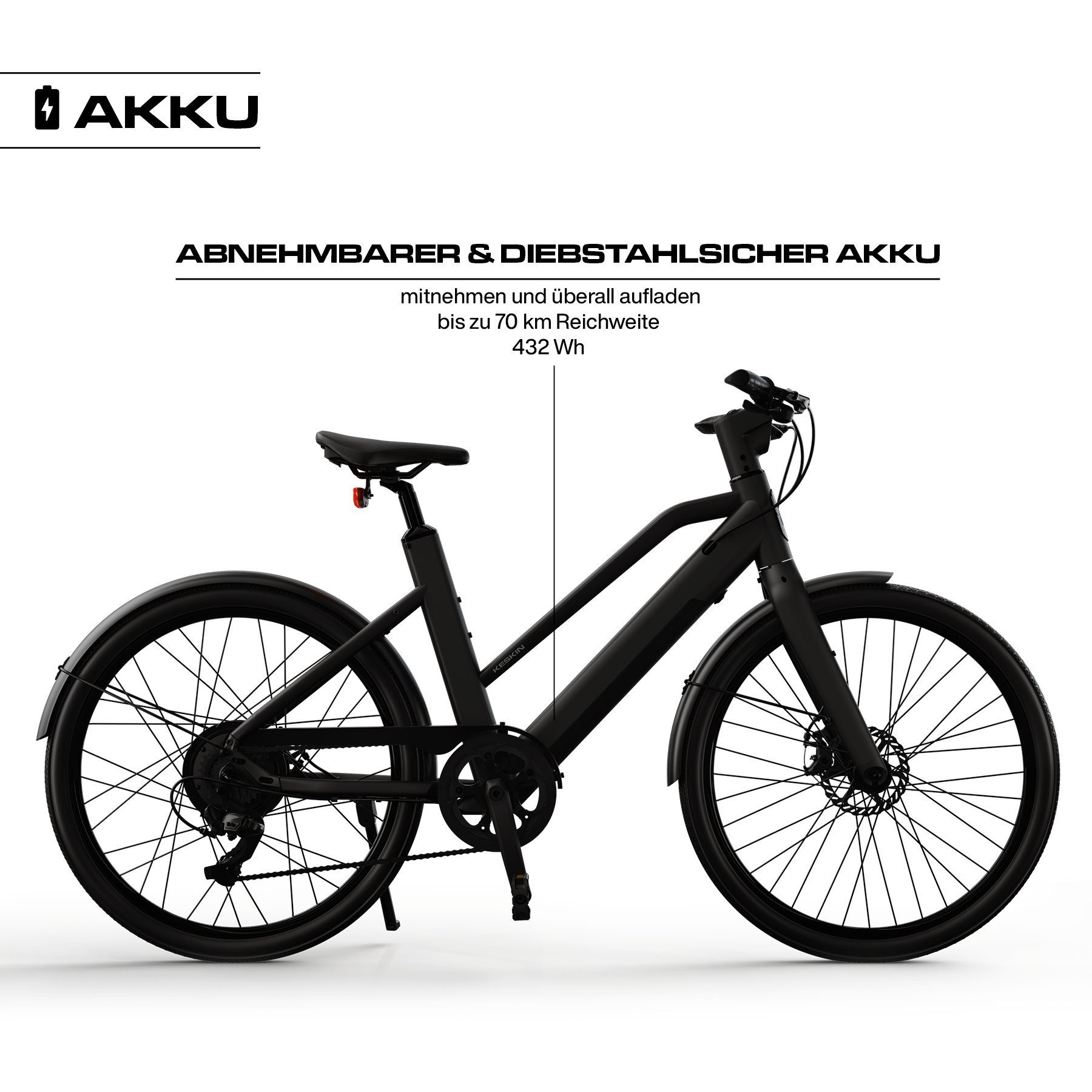 Schwarzes Elektrofahrrad mit Text an der Seite. Merkmale sind abnehmbarer Akku und 70km Reichweite.