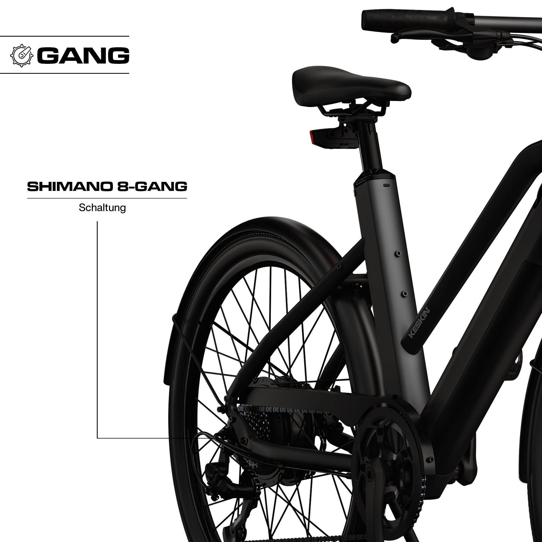 Schwarzes Elektrofahrrad mit Text SHIMANO 8-GANG und GANG-Logo. Das Fahrrad hat einen schwarzen Rahmen und Räder.