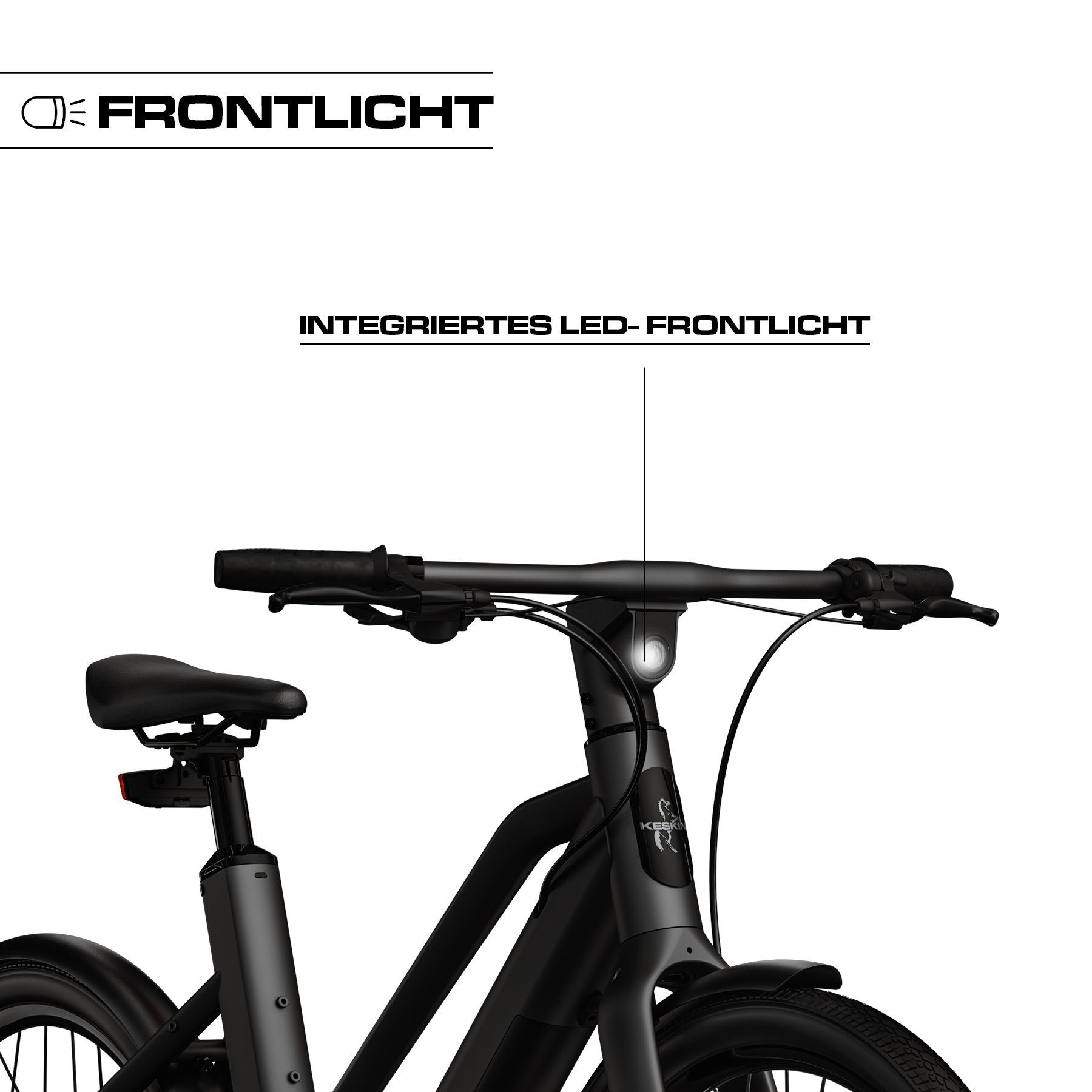 Nahaufnahme eines Fahrradlenkers mit integriertem LED-Frontlicht.