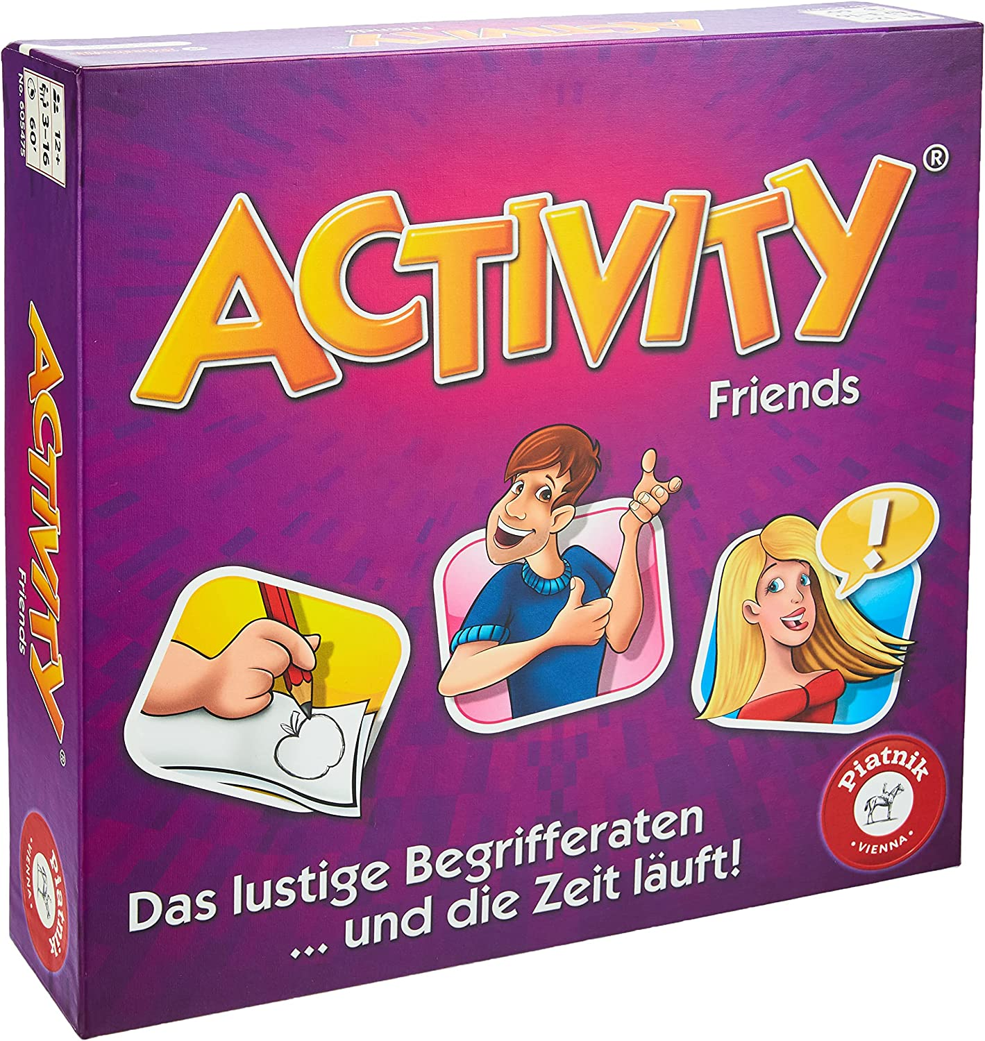 Schachtel des Activity Friends Spiels. Enthält eine Zeichnung und zwei Personen mit Sprechblasen.