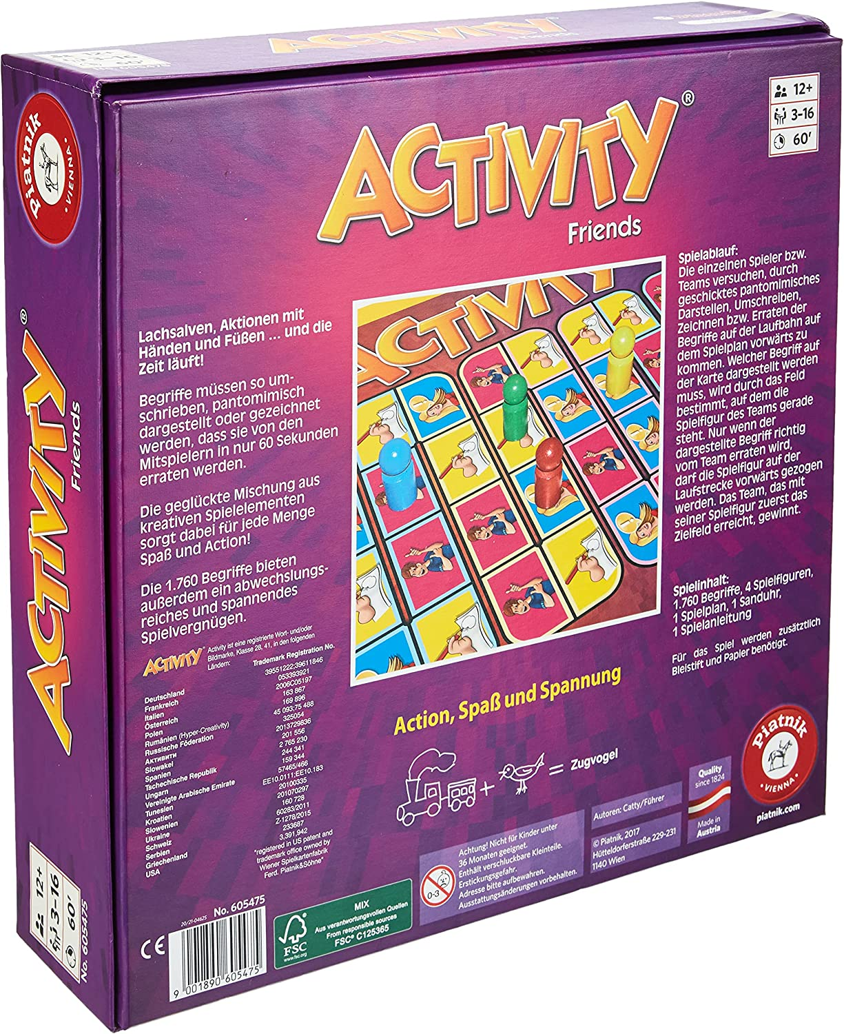 Rückseite der Activity Friends Brettspielbox mit Text und Illustrationen.