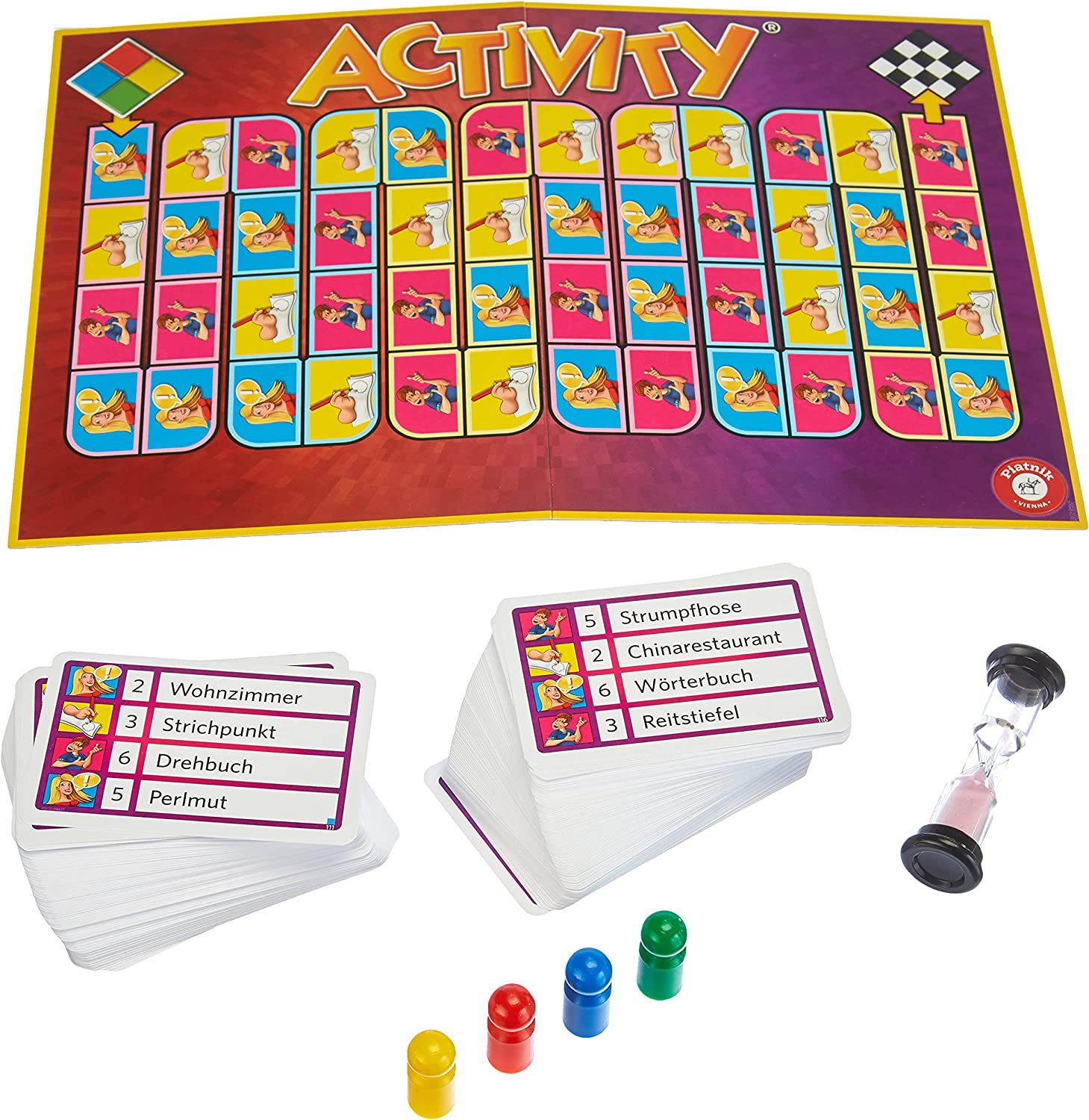 Activity-Brettspiel mit Karten, Timer und Spielsteinen.