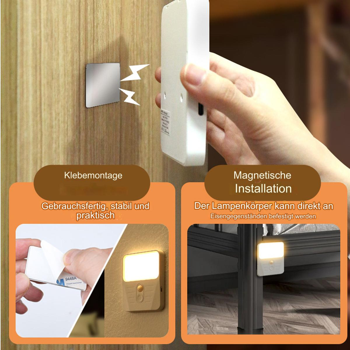 Person installiert ein weißes Licht. Es kann mit Klebstoff oder Magneten montiert werden. Licht an der Wand oder Bett.