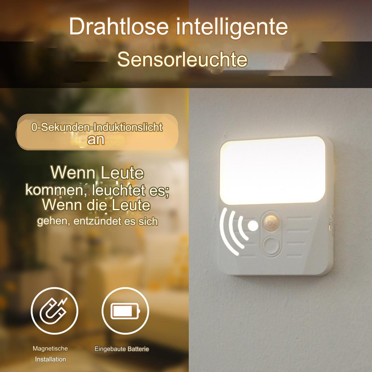 Weiße, an der Wand montierte Sensorleuchte mit Text und Symbolen, auf verschwommenem Hintergrund.