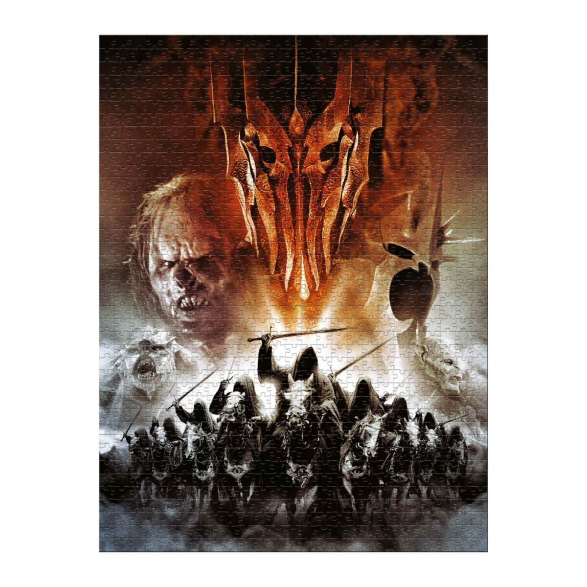 Ein Puzzle mit dunklen Fantasy-Figuren, einem finsteren Gesicht und gepanzerten Reitern unter einem Helm.