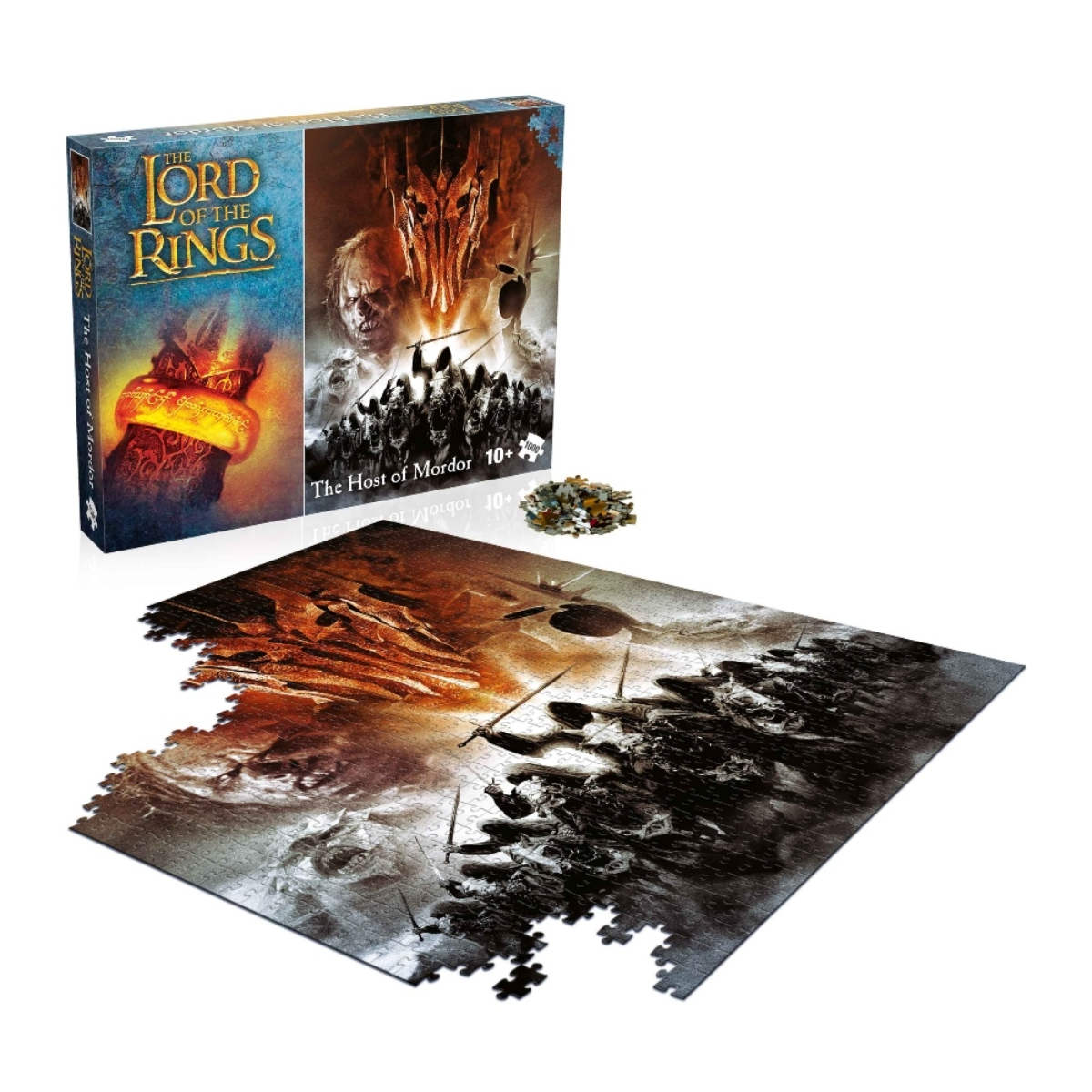 Herr der Ringe Puzzlebox mit dem Motiv 'The Host of Mordor' und einem halb fertigen Puzzle.